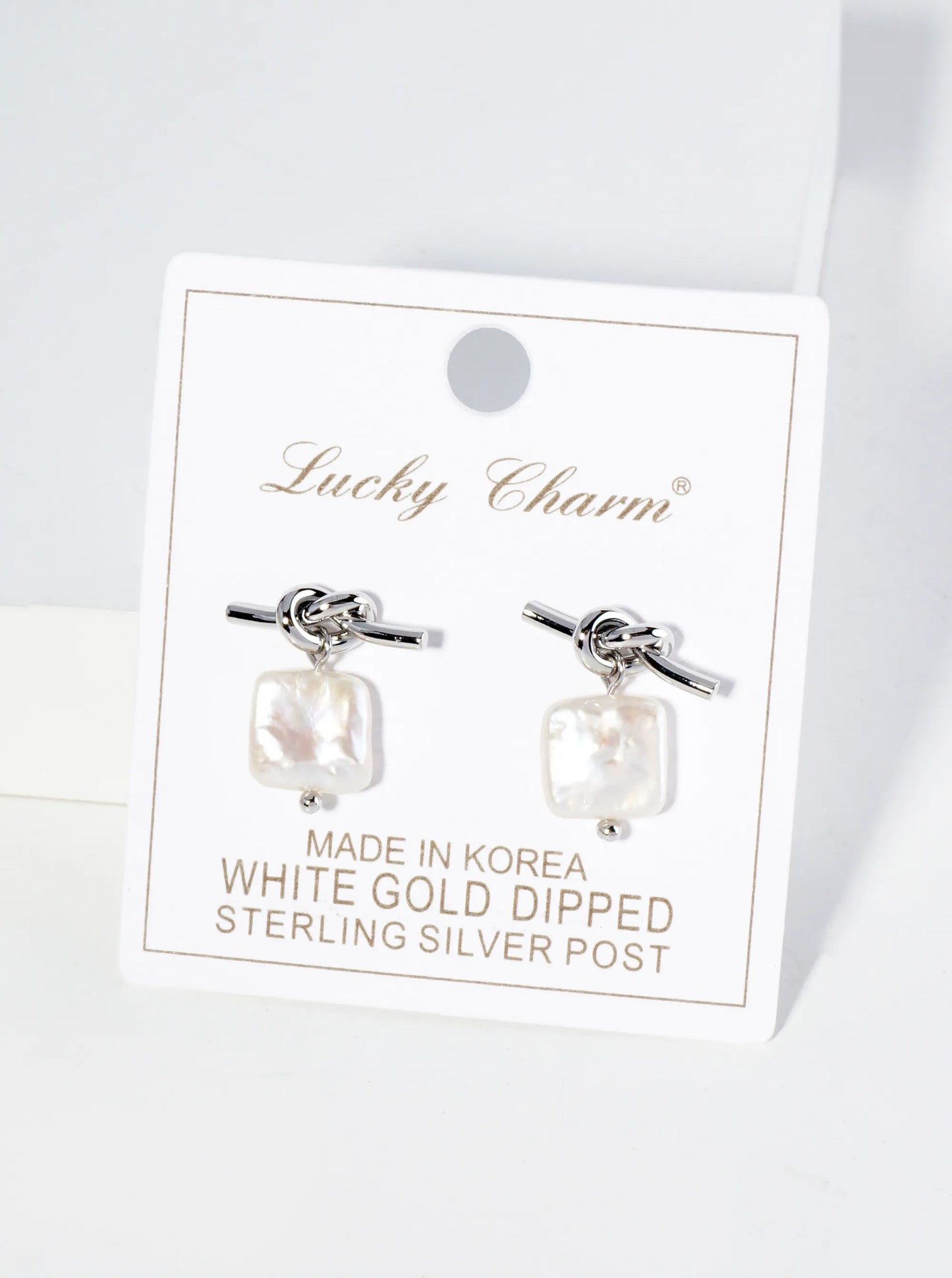 18K Gold Dipped Square Freshwater Pearl Drop Love Knot Post Earrings