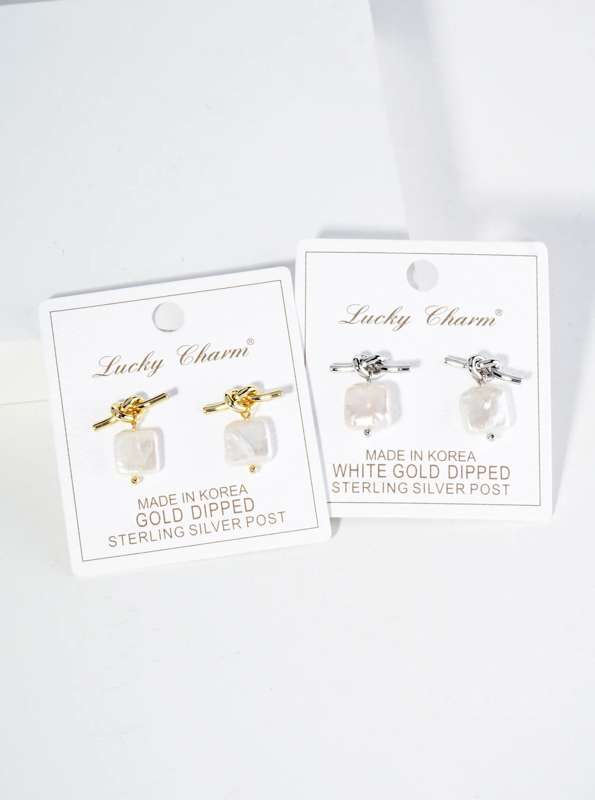 18K Gold Dipped Square Freshwater Pearl Drop Love Knot Post Earrings