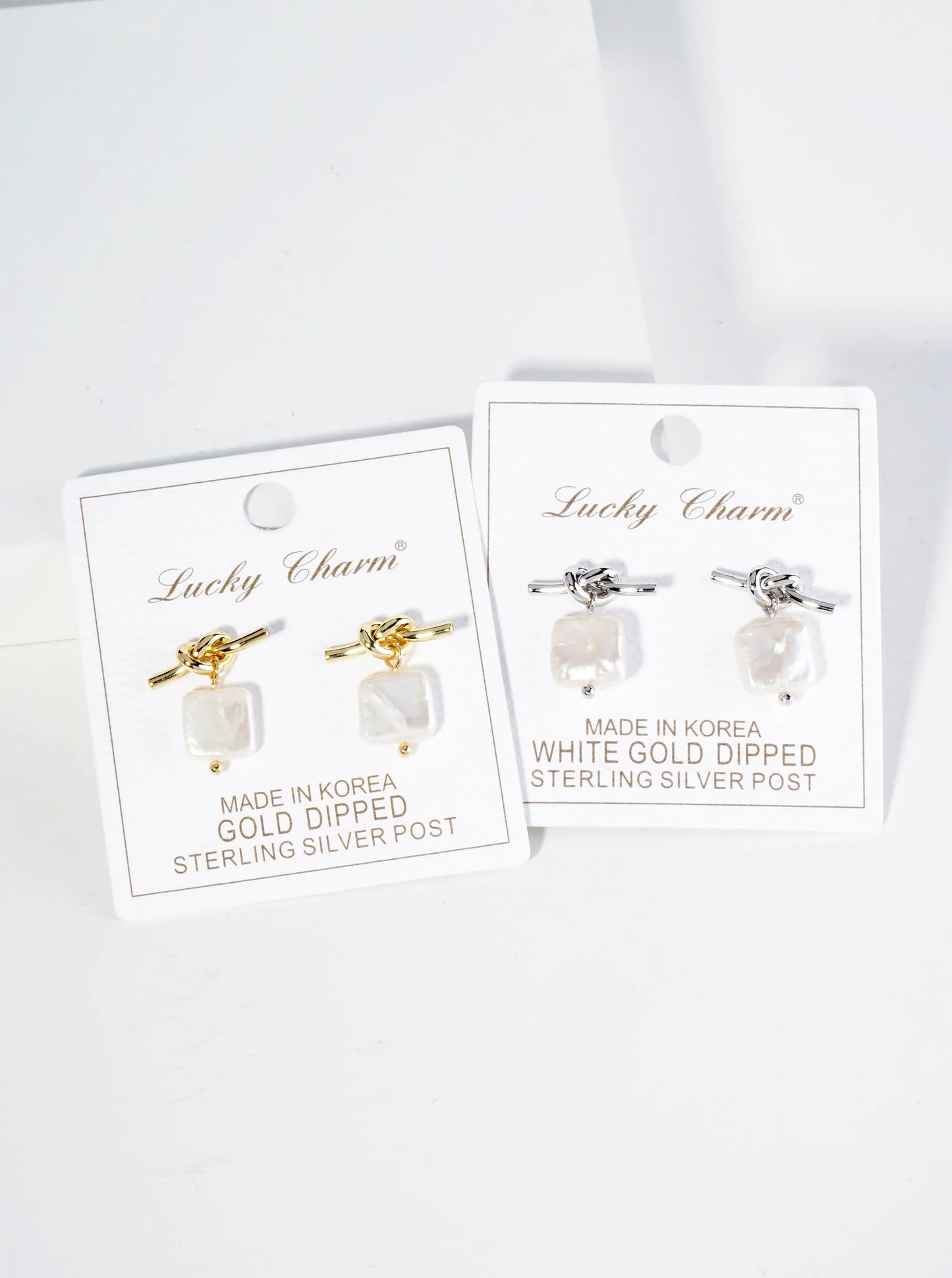 18K Gold Dipped Square Freshwater Pearl Drop Love Knot Post Earrings