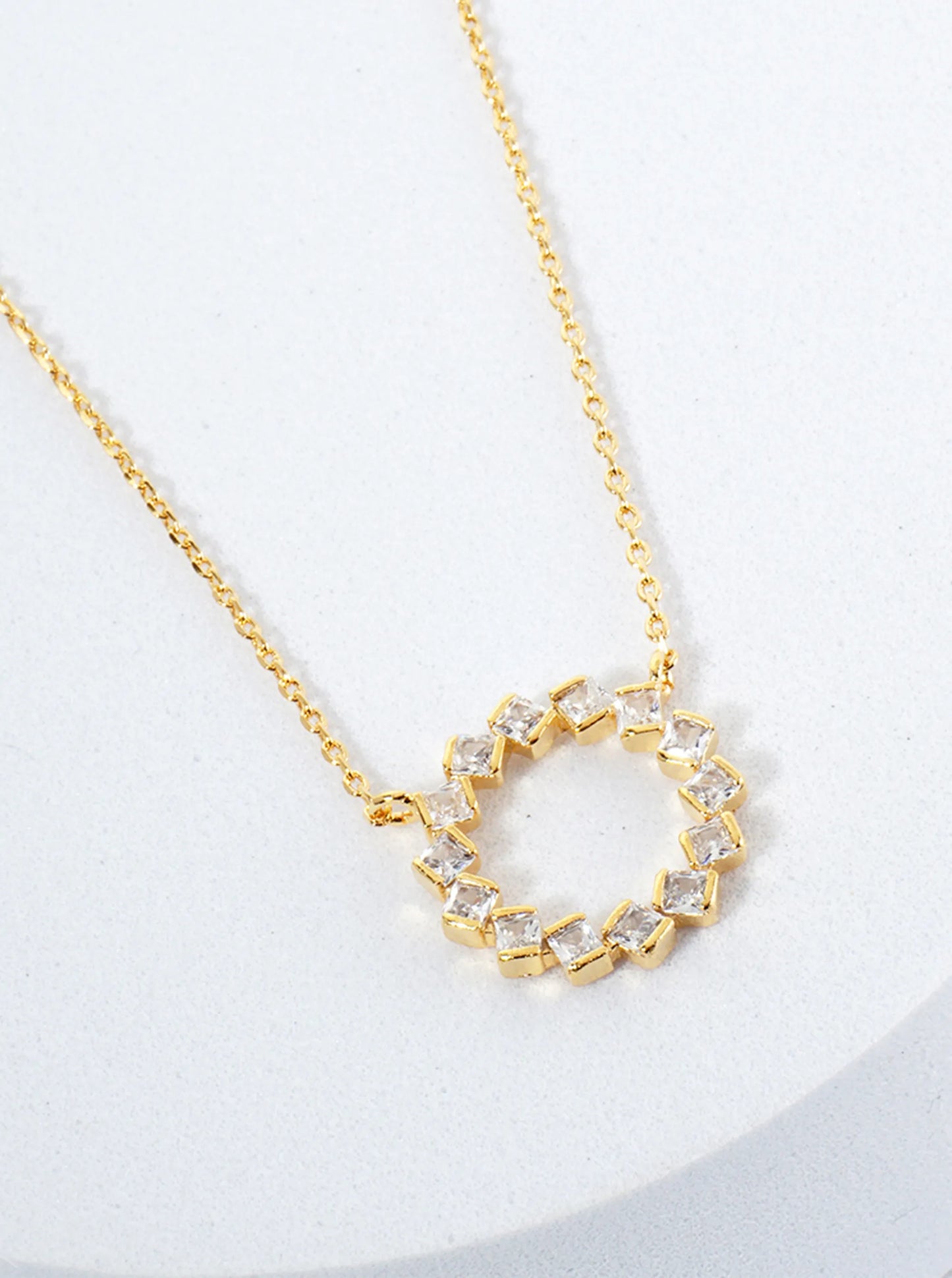 18K-Gold-Dipped Square-Shaped CZ Arranged Circle Pendant Necklace