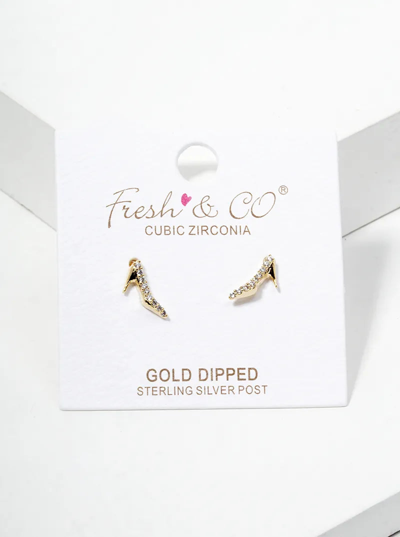 18K Gold Dipped Symmetrical CZ Pave Dainty High Heel Stud Earrings
