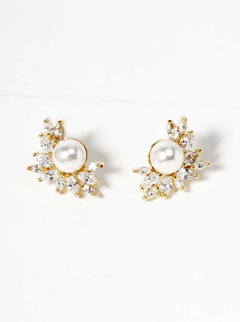18K Gold Dipped Symmetrical CZ Pave Pearl Post Stu