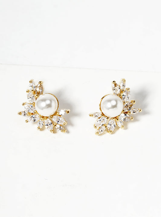 18K Gold Dipped Symmetrical CZ Pave Pearl Post Stu