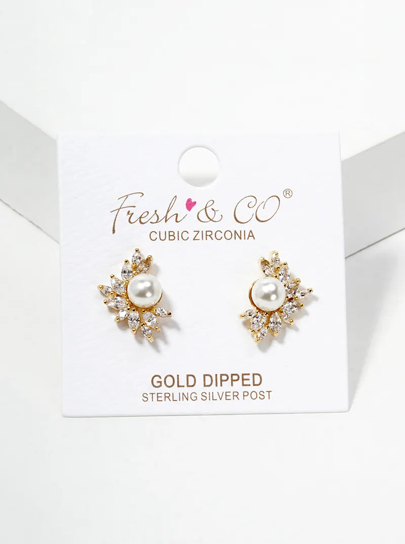 18K Gold Dipped Symmetrical CZ Pave Pearl Post Stu
