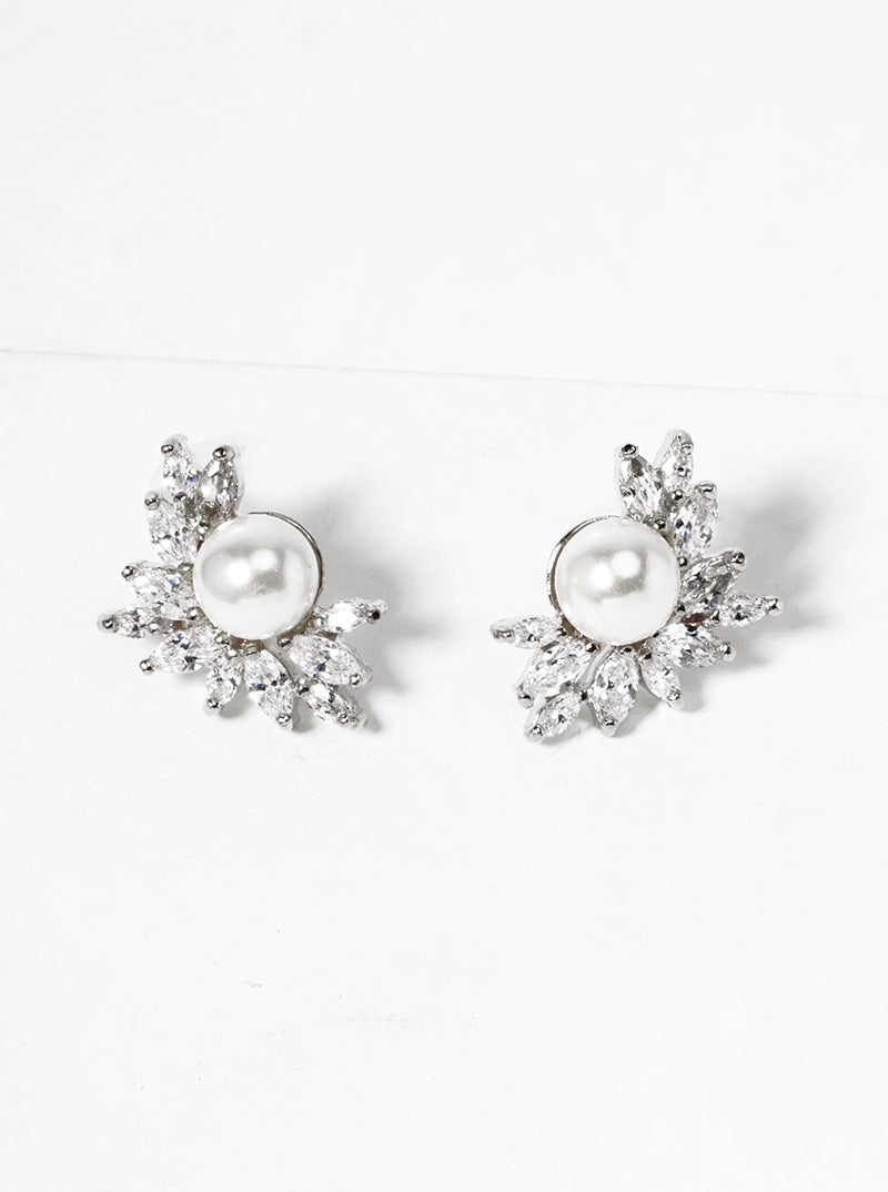 White Gold Dipped CZ Pave Heart Post Stud Earrings