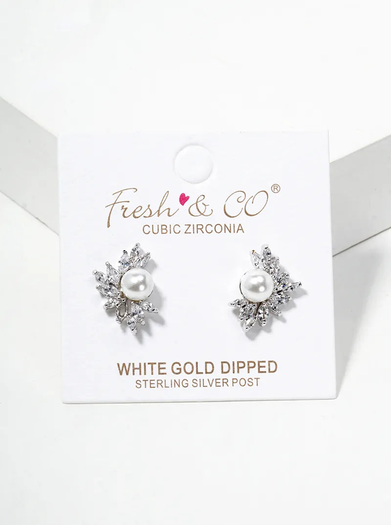 18K Gold Dipped Symmetrical CZ Pave Pearl Post Stud Earrings
