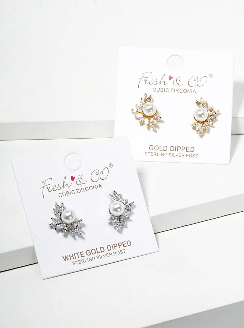 18K Gold Dipped Symmetrical CZ Pave Pearl Post Stud Earrings
