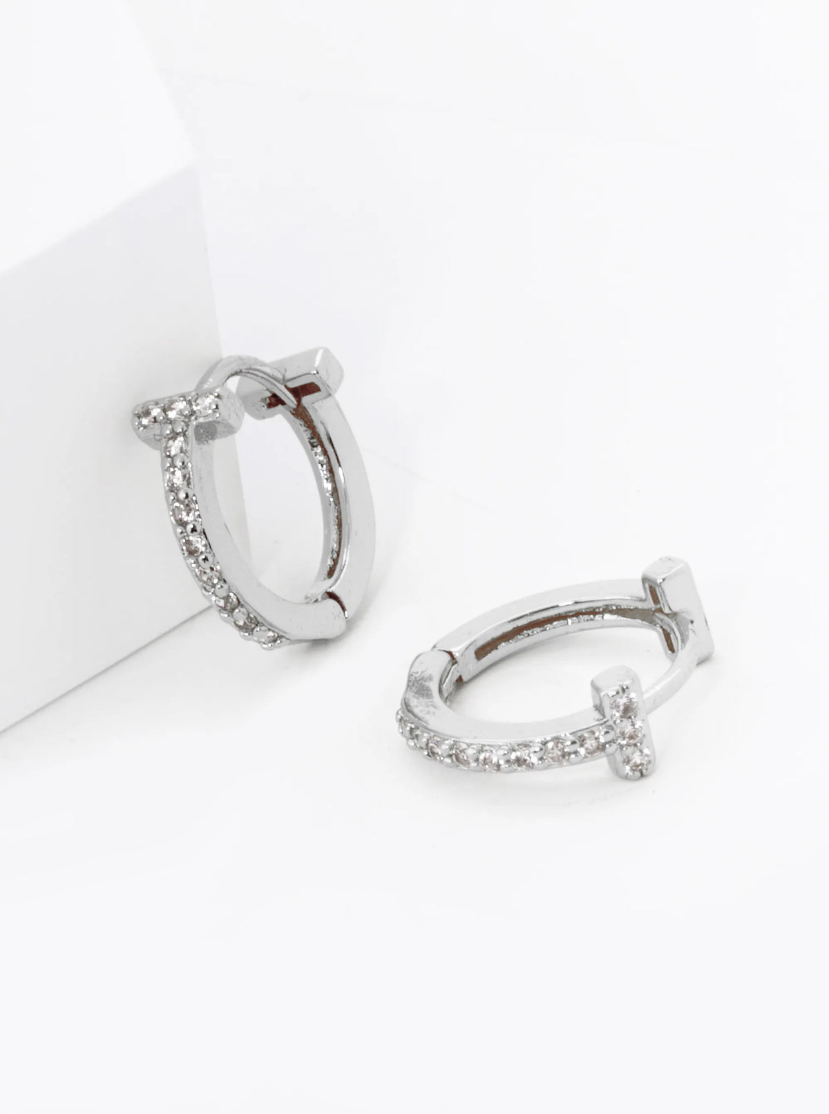 18K Gold Dipped T Shape Micro Pave Set Cubic Zirconia 12mm Huggie Hoop Earrings