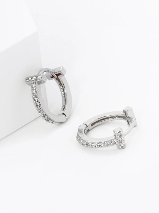18K Gold Dipped T Shape Micro Pave Set Cubic Zirconia 12mm Huggie Hoop Earrings