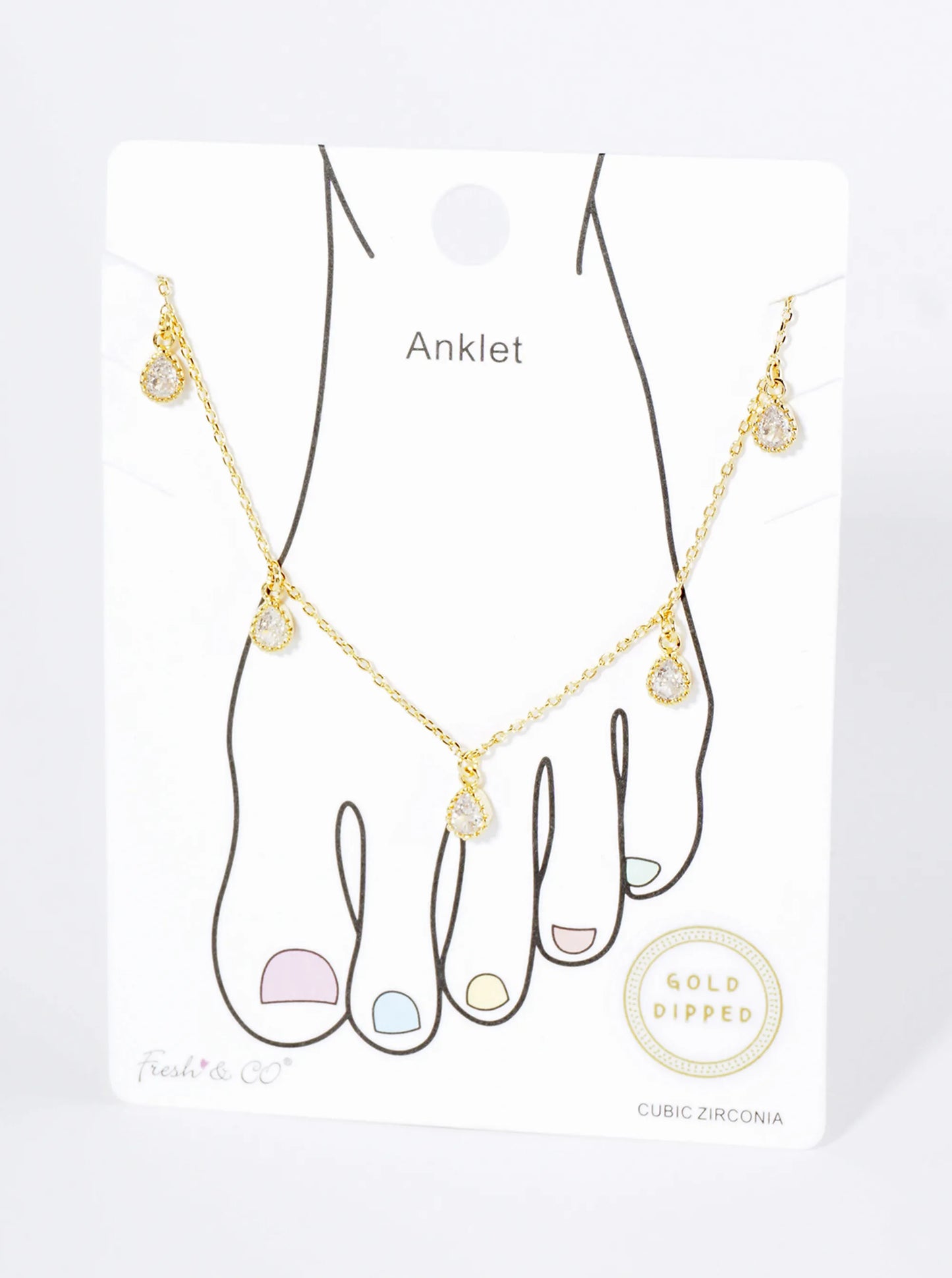 18K Gold Dipped Teardrop Cubic Zirconia Charm Brass Chain Anklet