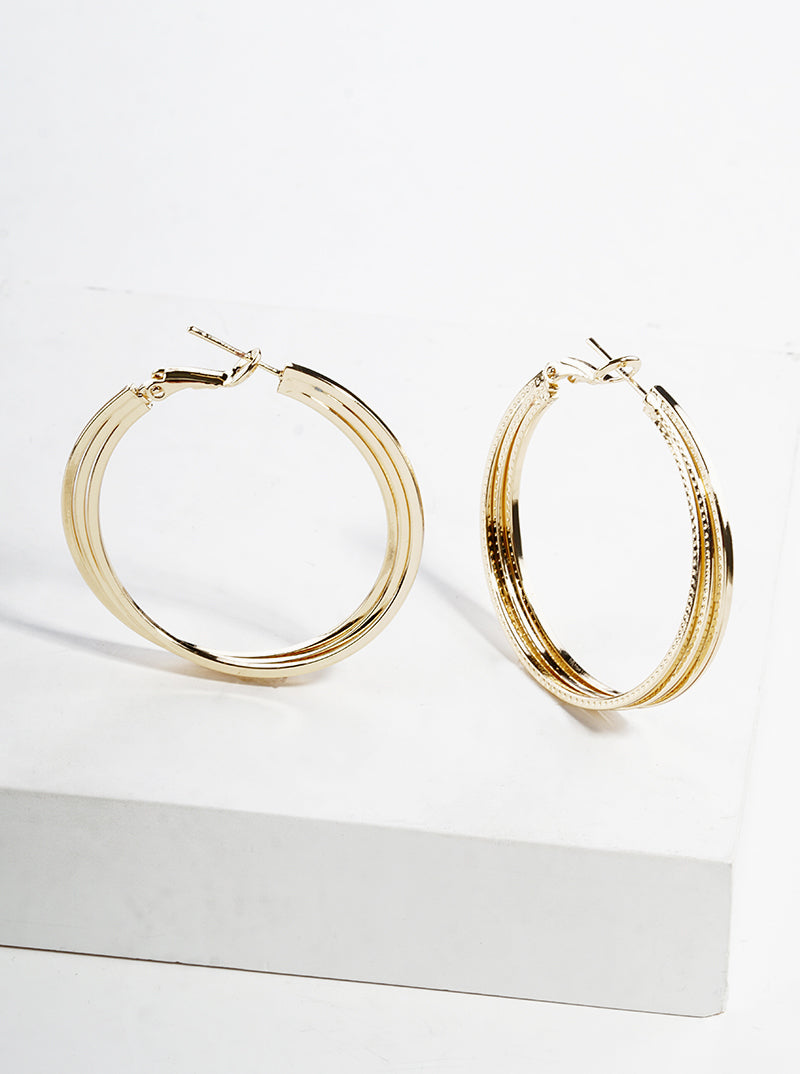 18K Gold Dipped Textured 40mm Layered Omega-Back Hoop Earrings