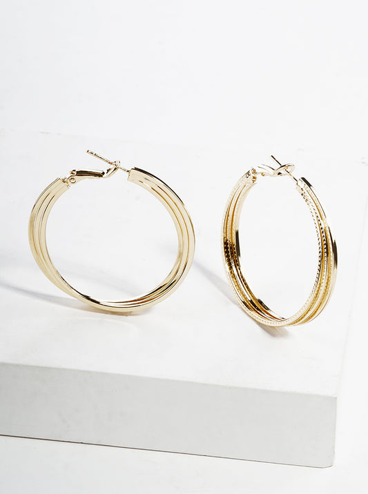 18K Gold Dipped Textured 40mm Layered Omega-Back Hoop Earrings