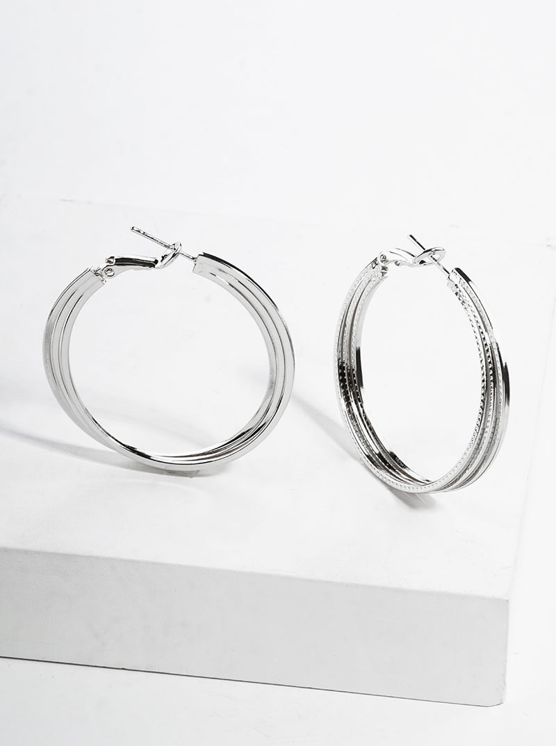 18K Gold Dipped Textured 40mm Layered Omega-Back Hoop Earrings
