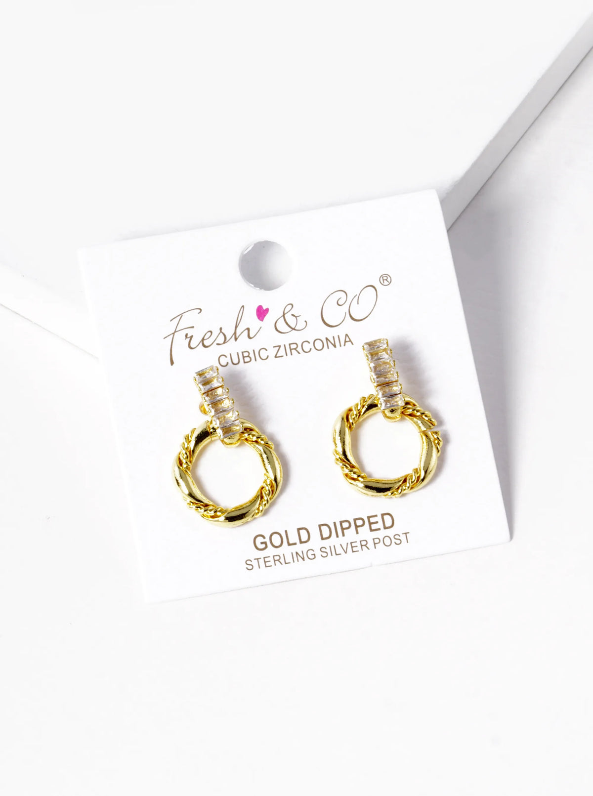 18K Gold Dipped Textured Circle Drop Baguette CZ Door Knocker Earrings