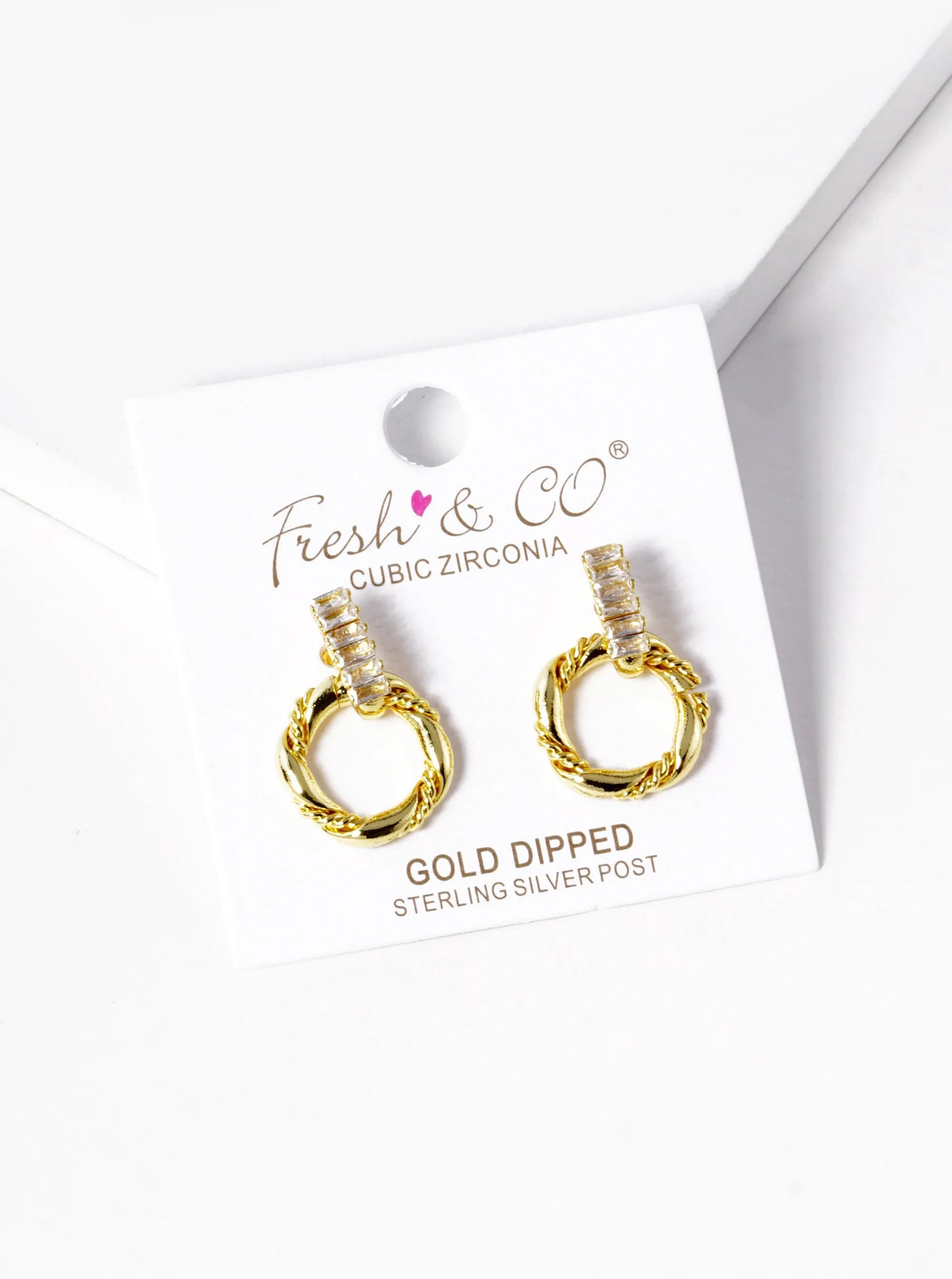 18K Gold Dipped Textured Circle Drop Baguette CZ Door Knocker Earrings