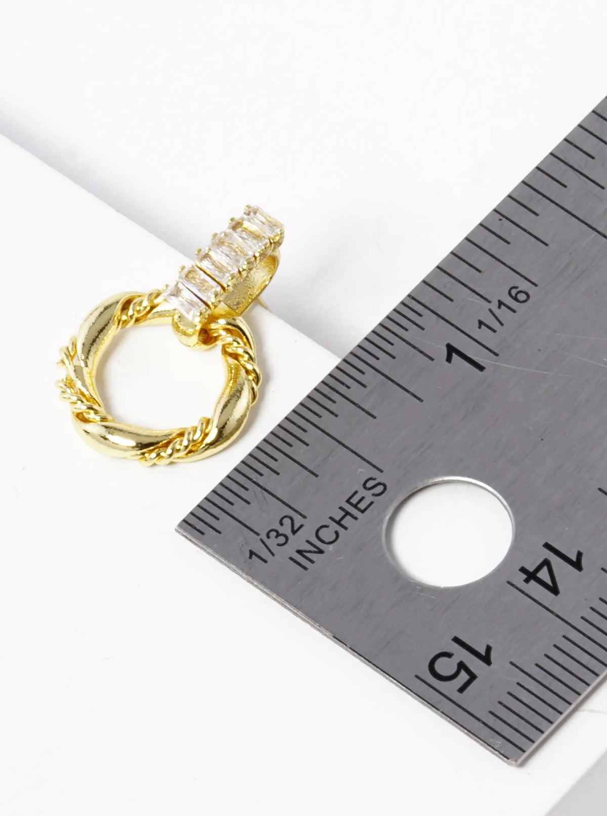 18K Gold Dipped Textured Circle Drop Baguette CZ Door Knocker Earrings