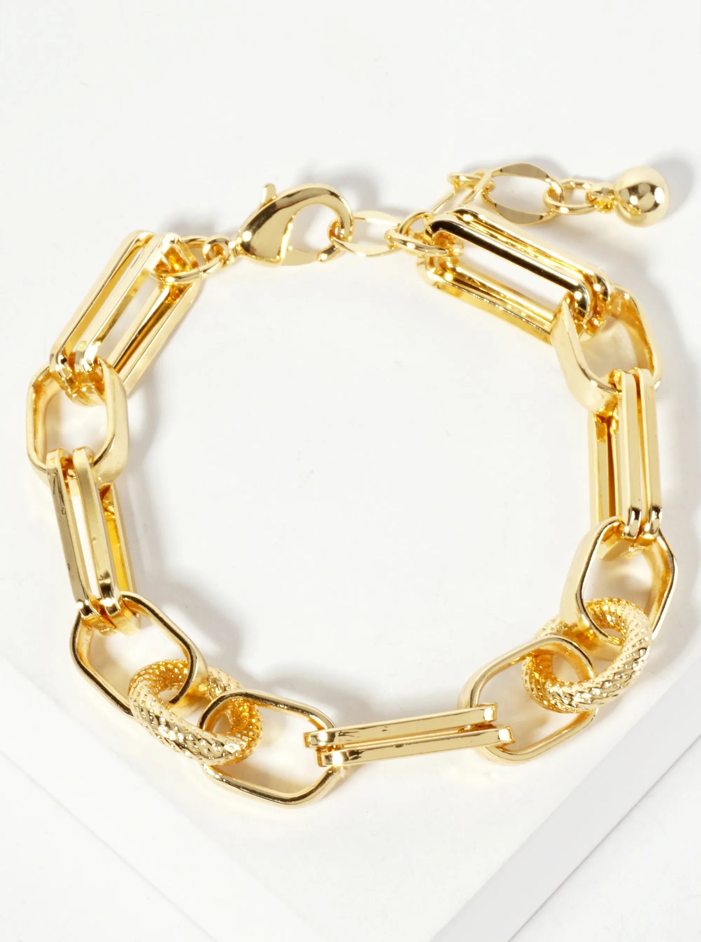 18K-Gold-Dipped Textured Multi-Shape Geometric Polished Brass Chain Bracelet