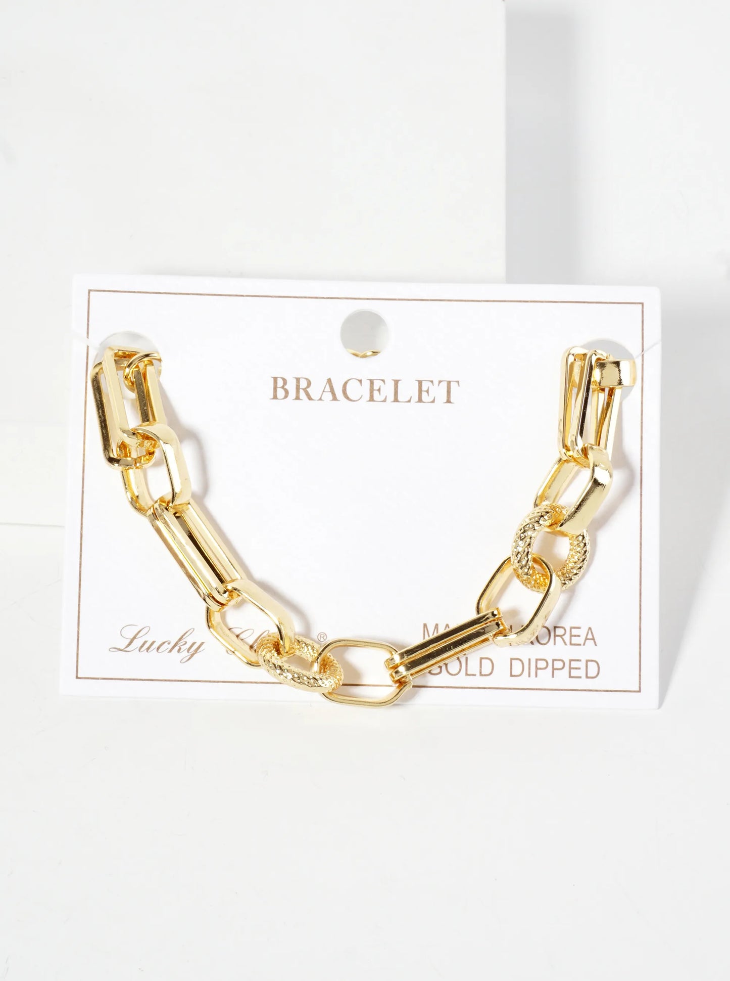 18K-Gold-Dipped Textured Multi-Shape Geometric Polished Brass Chain Bracelet