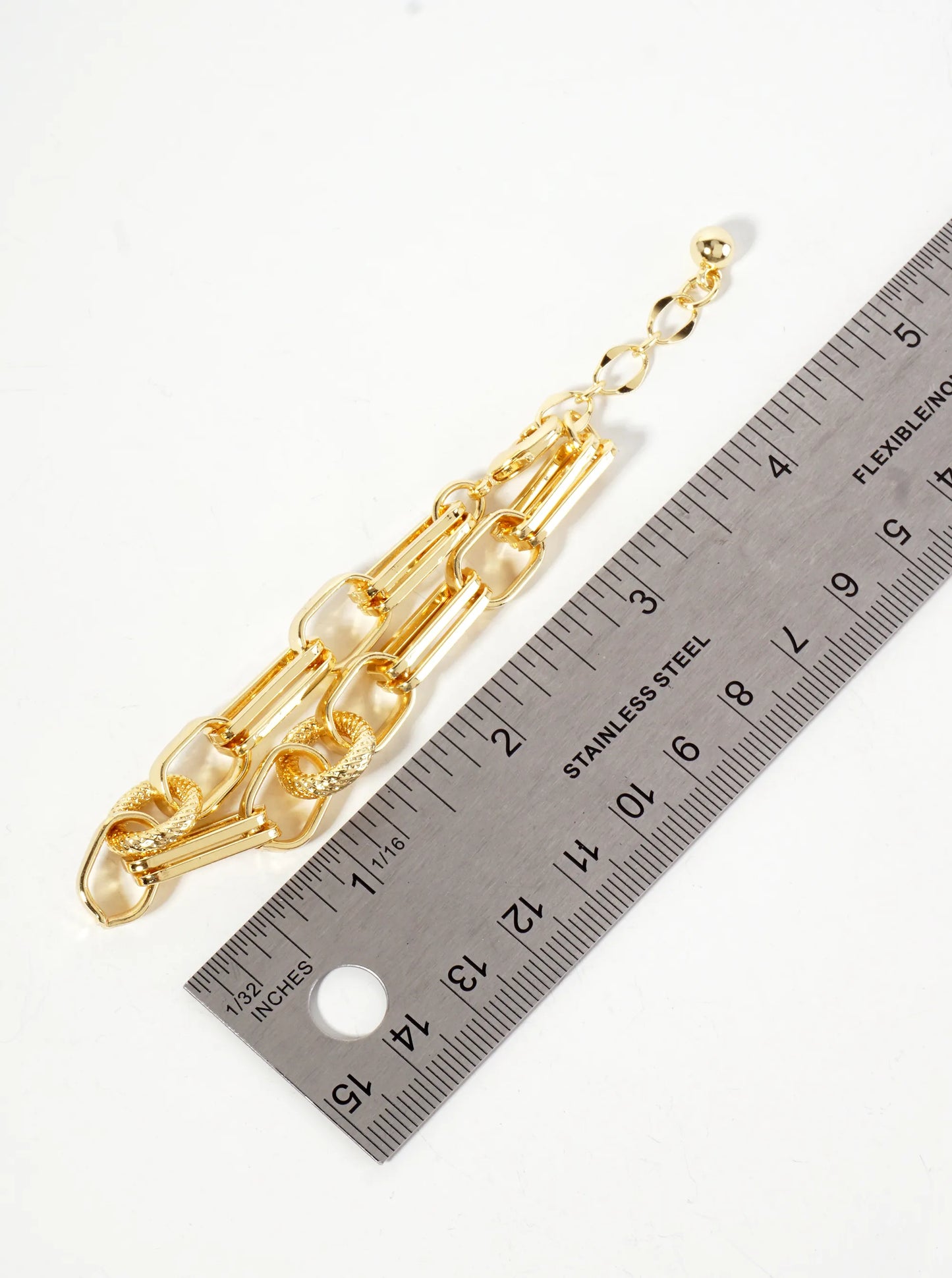 18K-Gold-Dipped Textured Multi-Shape Geometric Polished Brass Chain Bracelet