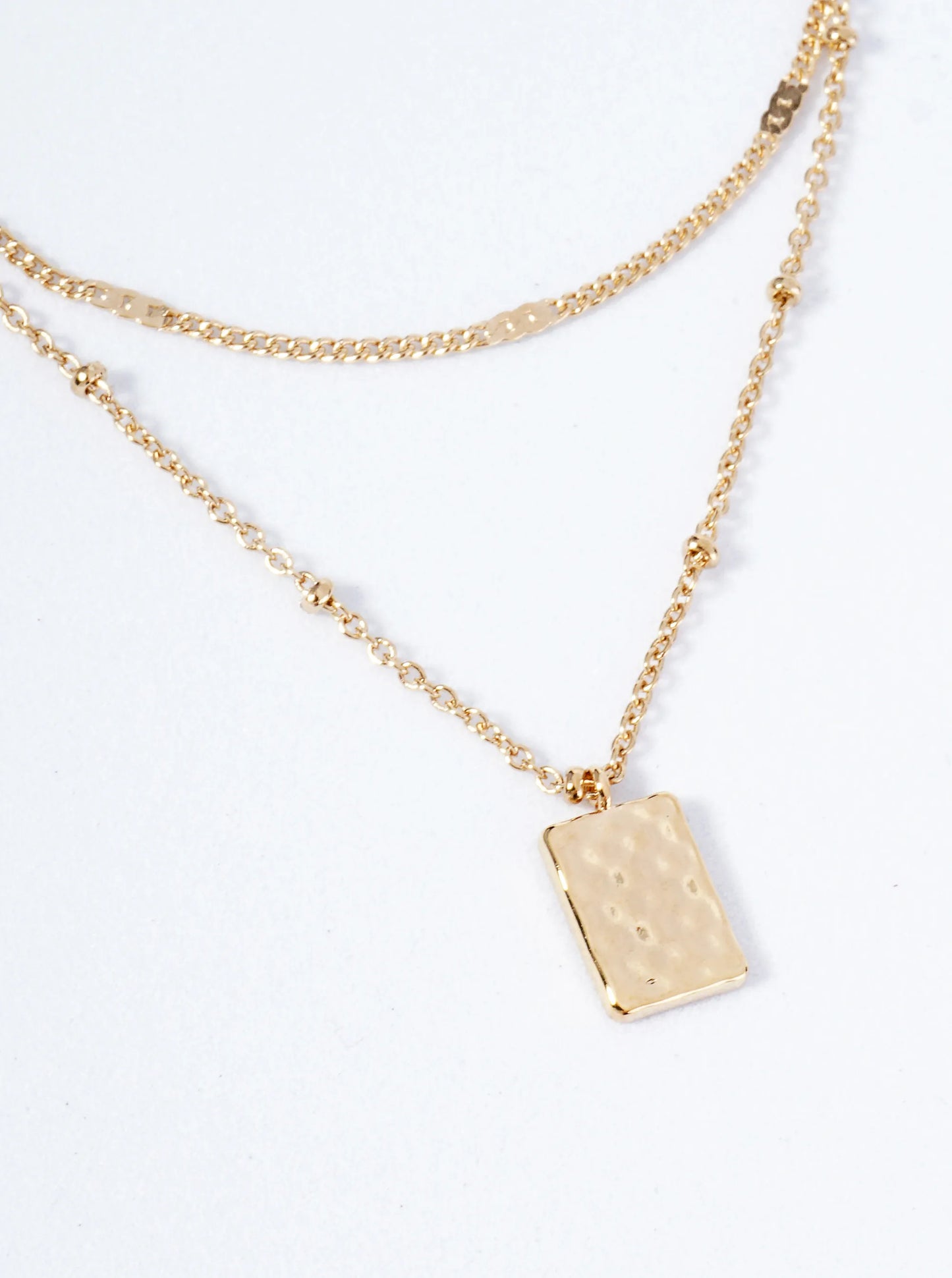 18K Gold Dipped Textured Rectangular Pendant Layered Necklace