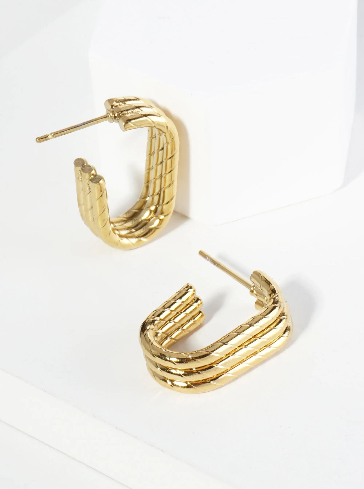 18K Gold Dipped Textured Stainless Steel Oval Layered Hoop Earrings