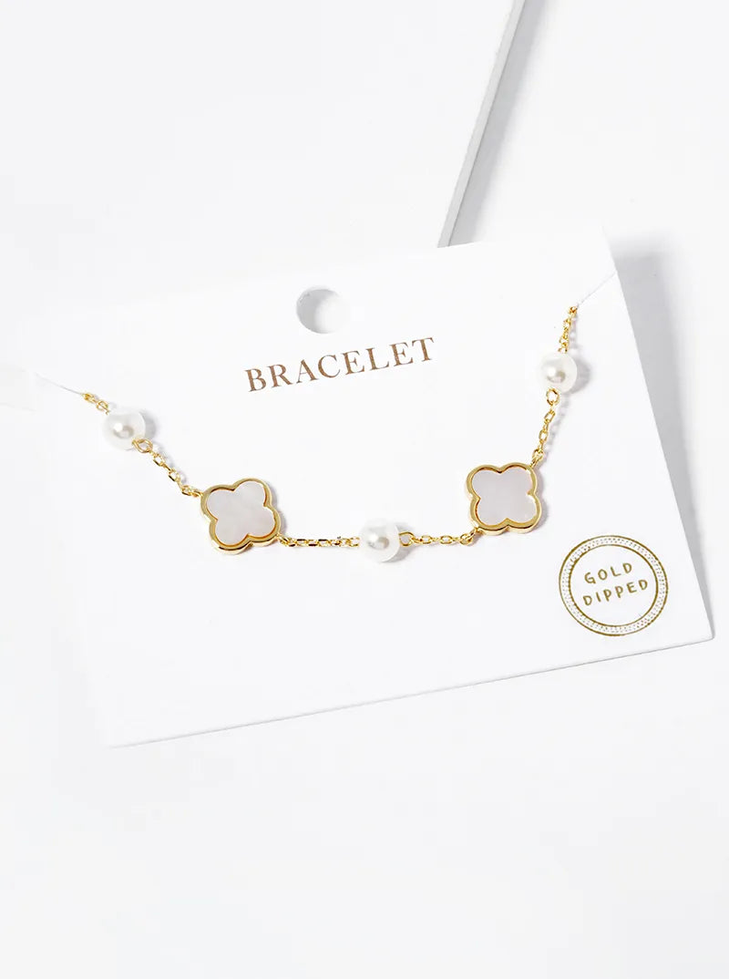 18K Gold Dipped Three 11mm Quatrefoil With Pearl Beads Bracelet