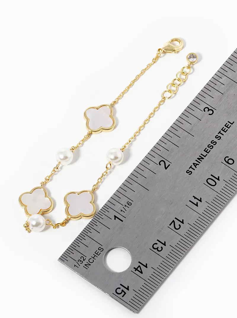 18K Gold Dipped Three 11mm Quatrefoil With Pearl Beads Bracelet