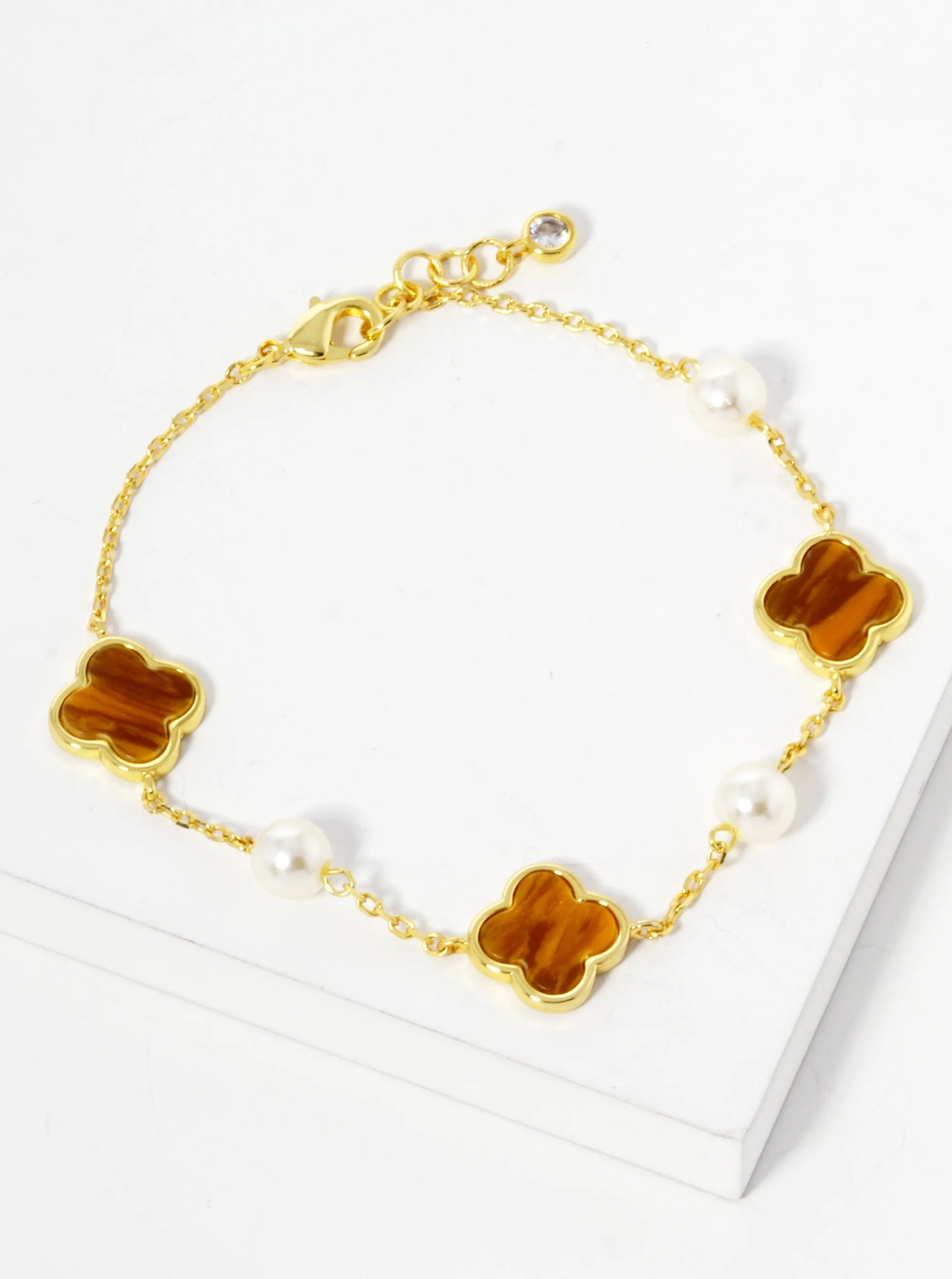 18K Gold Dipped Three 11mm Quatrefoil With Pearl Beads Bracelet