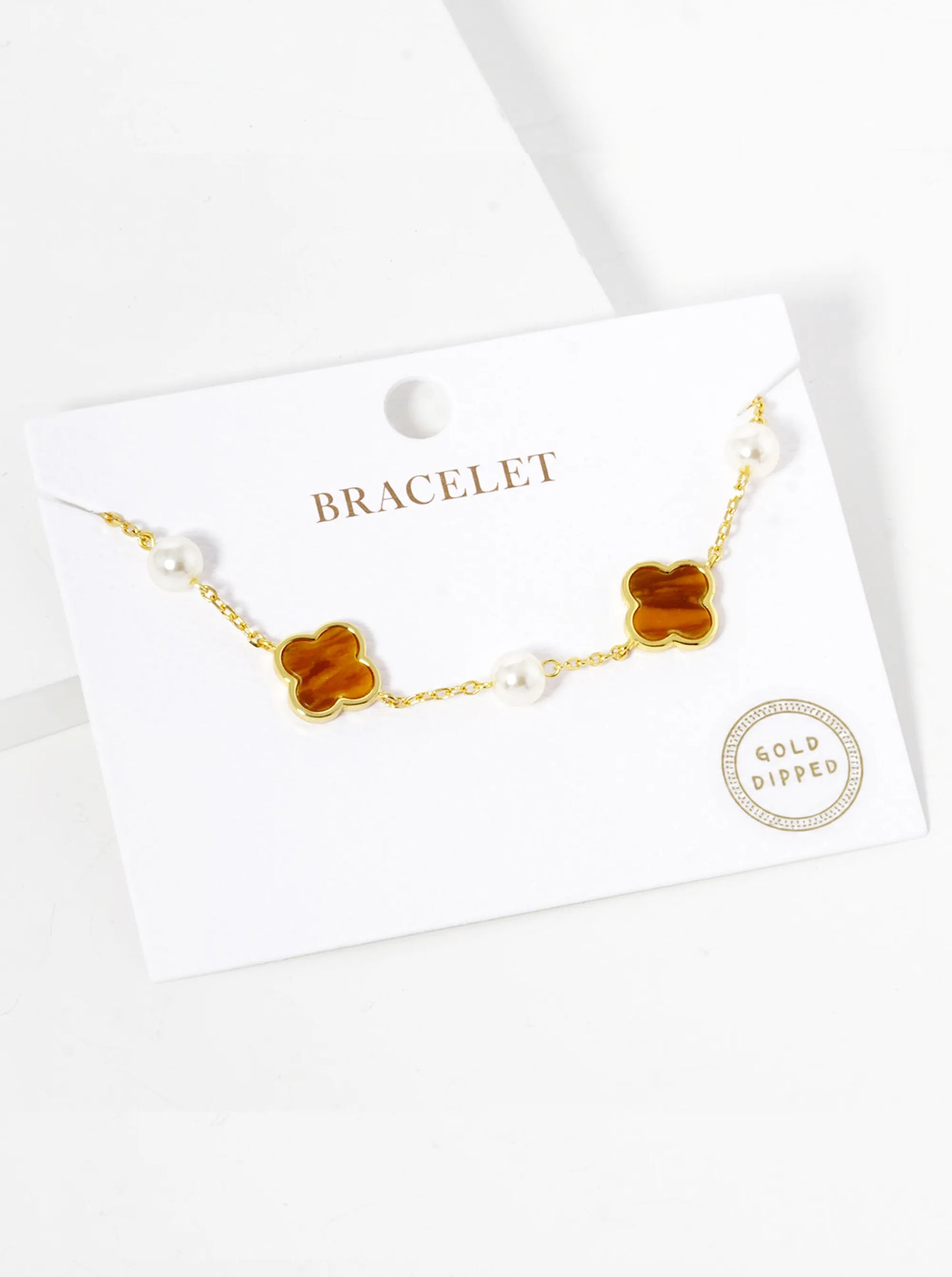 18K Gold Dipped Three 11mm Quatrefoil With Pearl Beads Bracelet