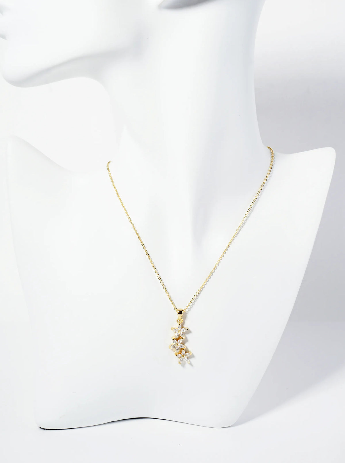 18K Gold Dipped Three CZ Flower Drop Pendant Necklace