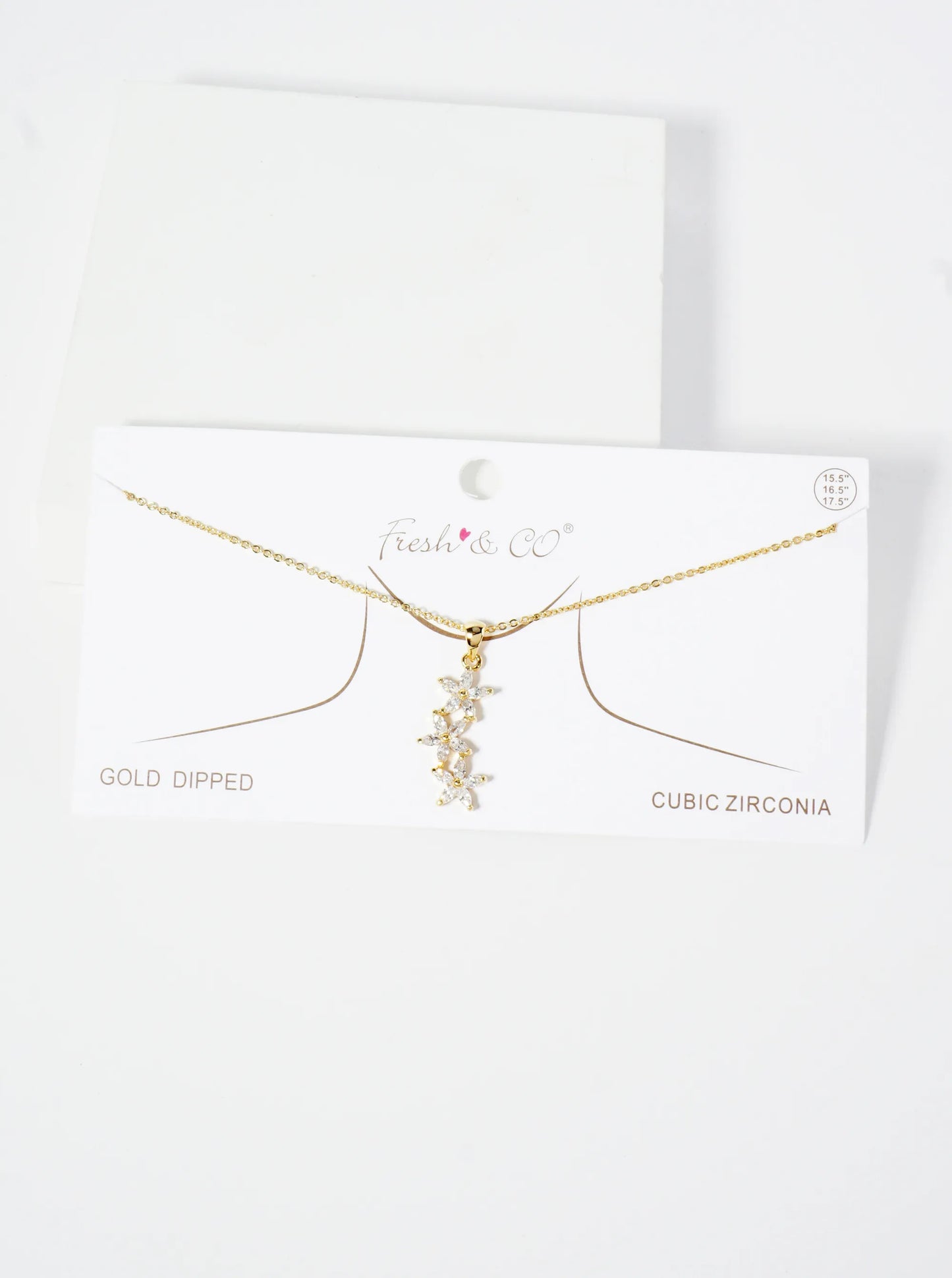 18K Gold Dipped Three CZ Flower Drop Pendant Necklace