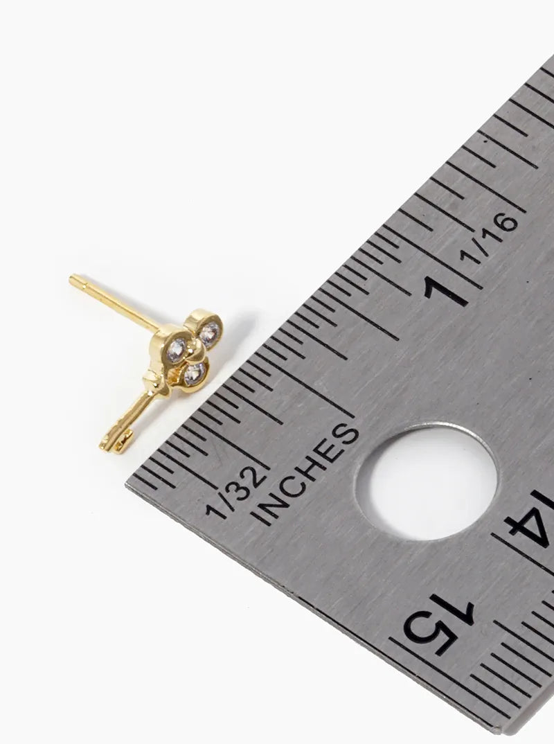 18K Gold Dipped Three CZ Stones Key Stud Earrings
