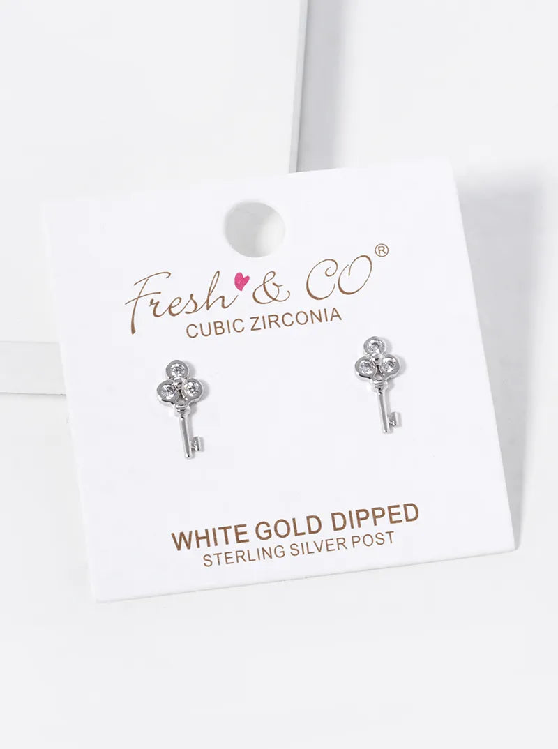 18K Gold Dipped Three CZ Stones Key Stud Earrings