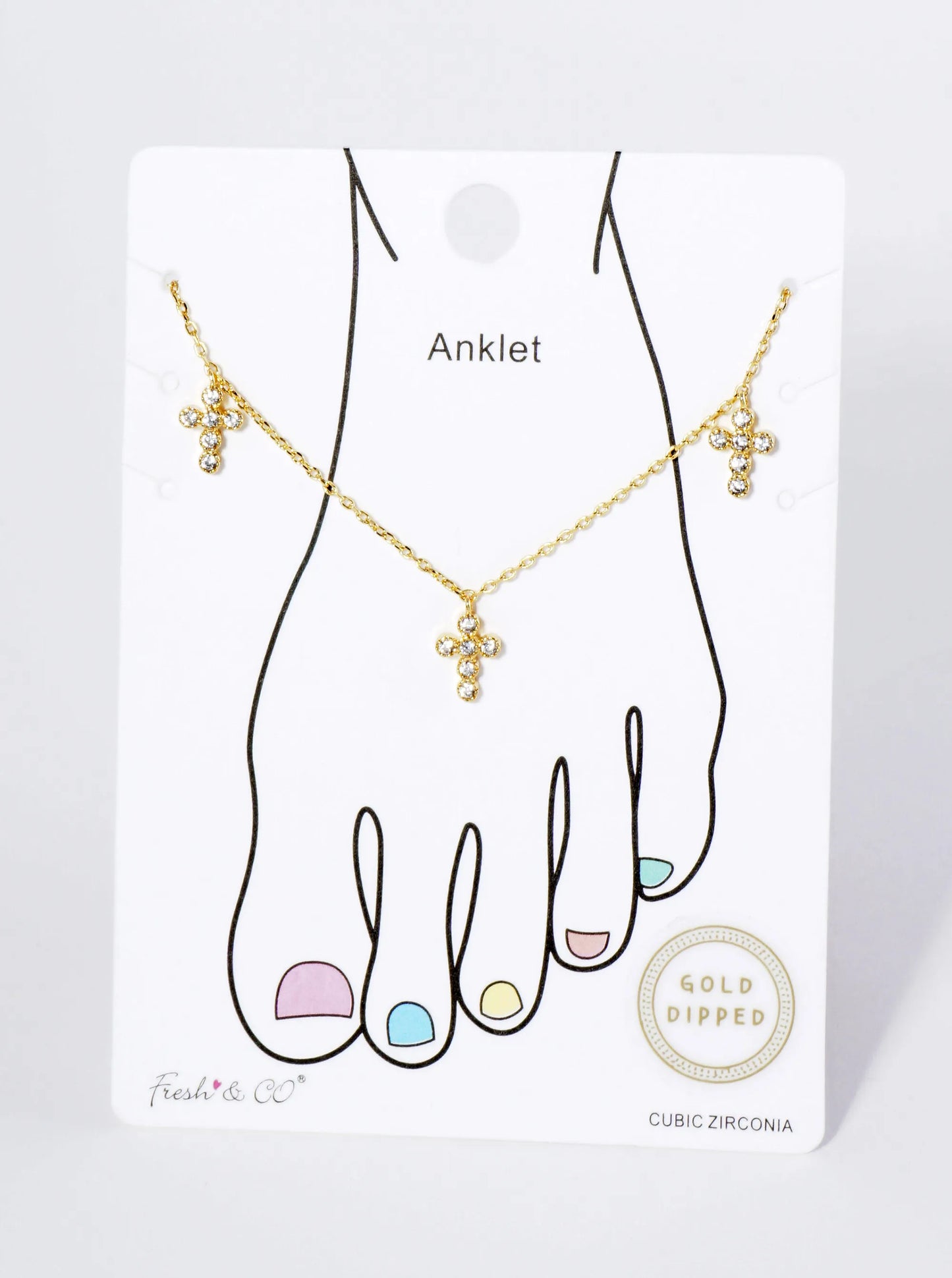 18K Gold Dipped Three Cubic Zirconia Cross Charms Brass Chain Anklet