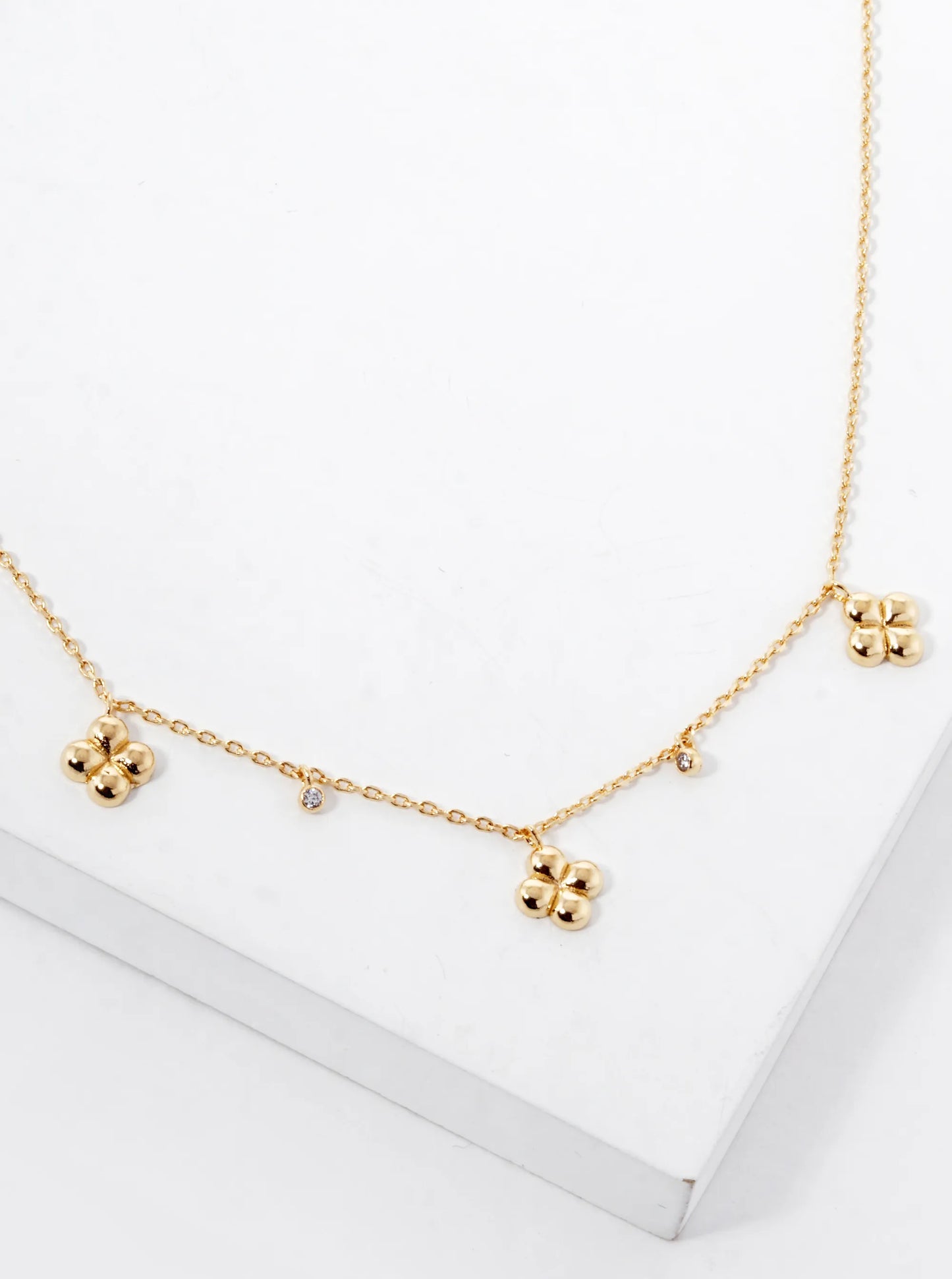 18K Gold Dipped Three Quatrefoil Cubic Zirconia Stone Station Necklace