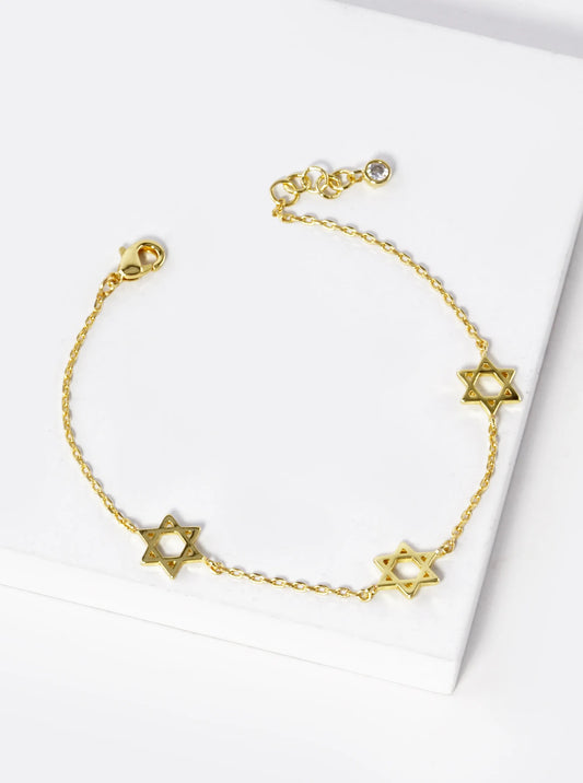 18K-Gold-Dipped Three Star Of David Chain Bracelet