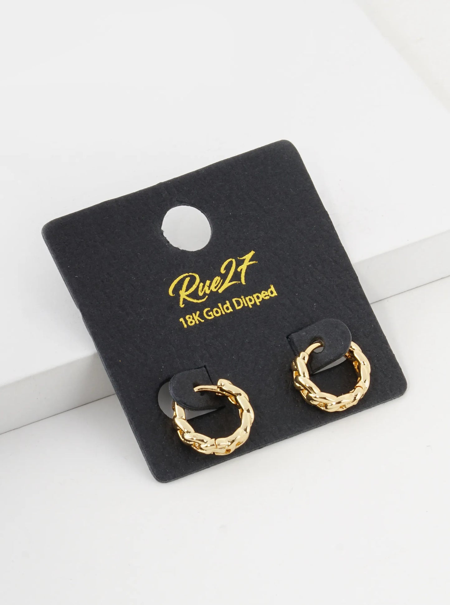 18K Gold Dipped Tiny 10mm Simulated Chain Texture Huggie Hoop Earrings