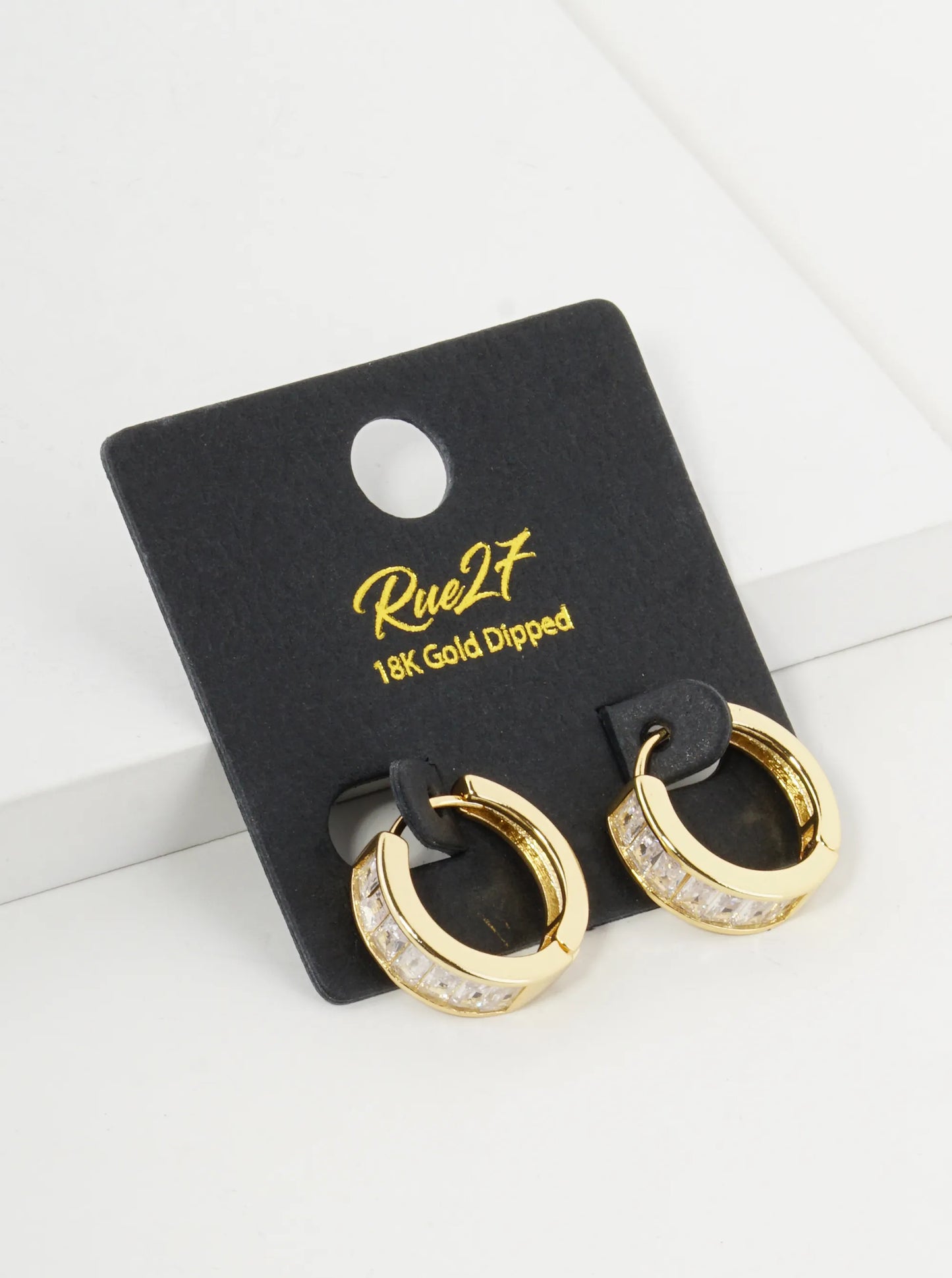 18K Gold Dipped Tiny Square Cubic Zirconia 15mm Huggie Earrings