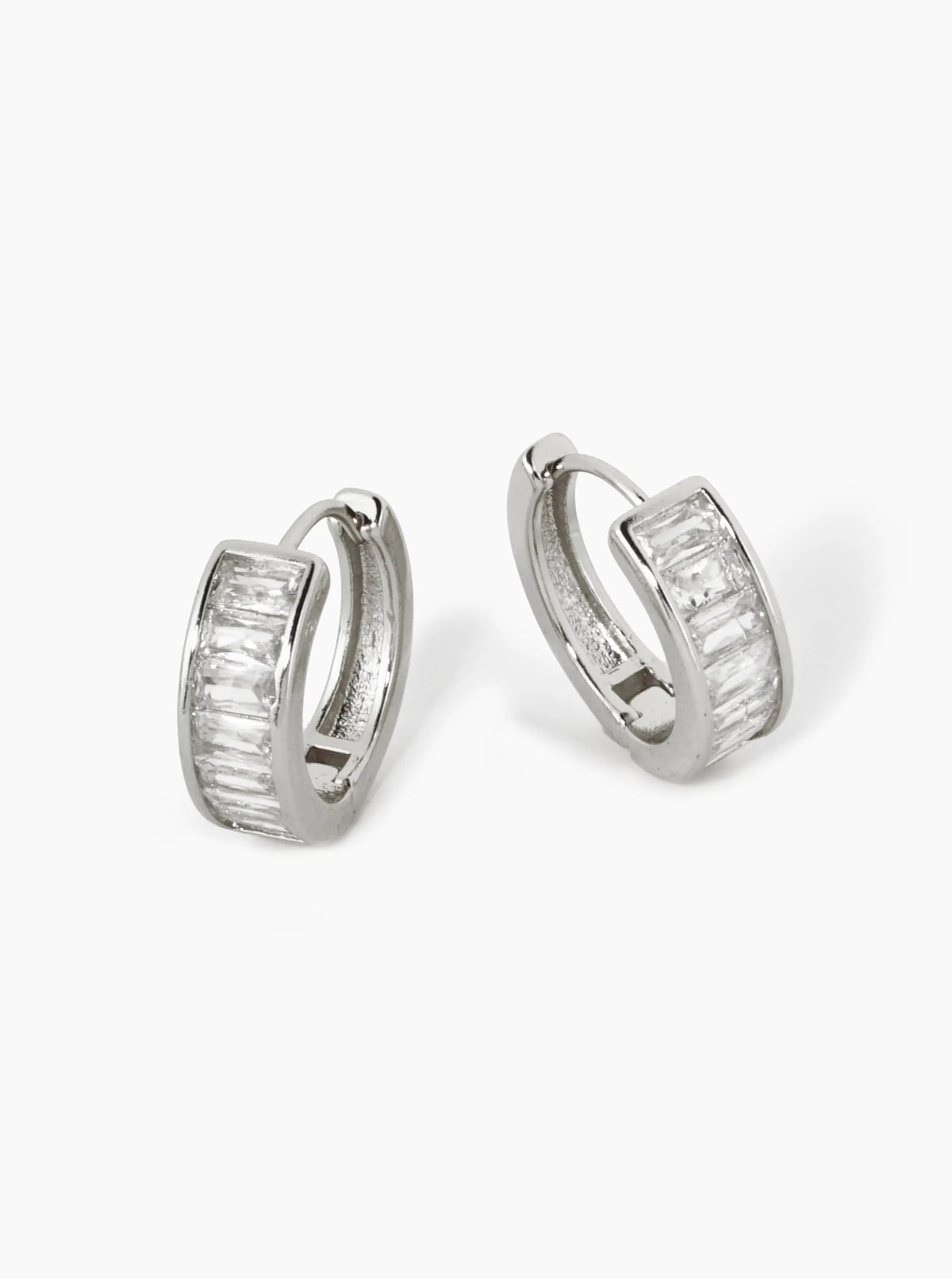 18K Gold Dipped Tiny Square Cubic Zirconia 15mm Huggie Earrings Rhodium