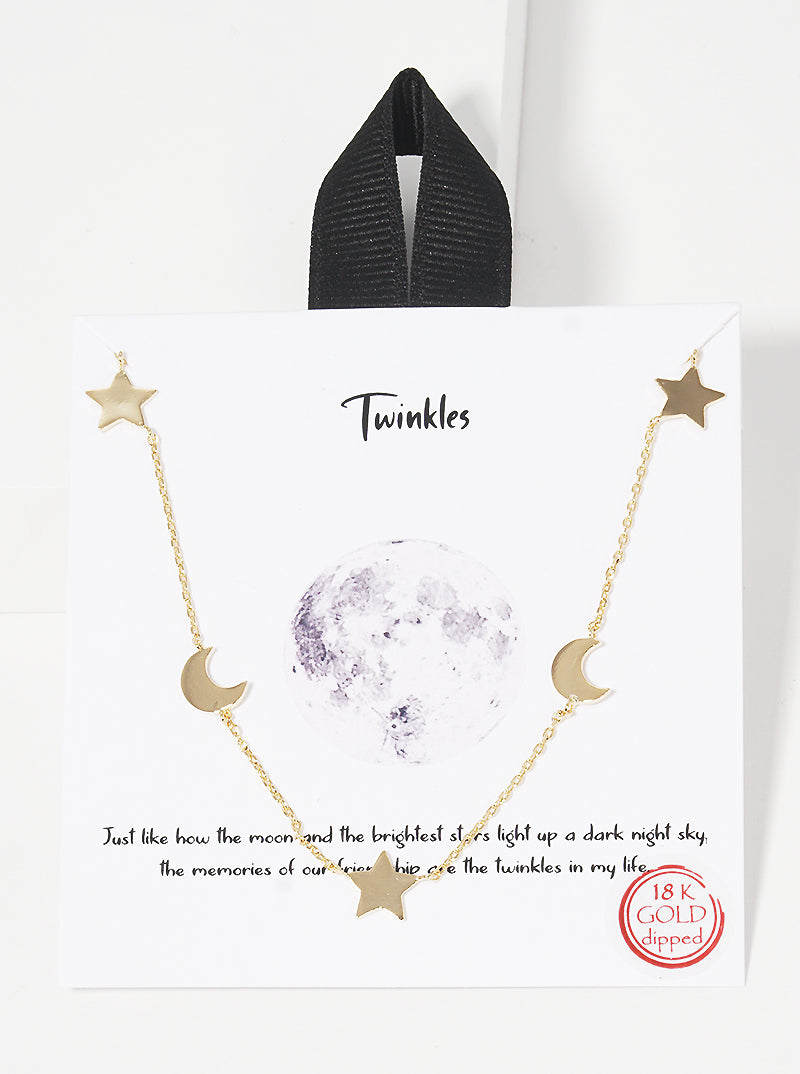18K Gold Dipped Twinkles Moon Star Delicate Station Necklace
