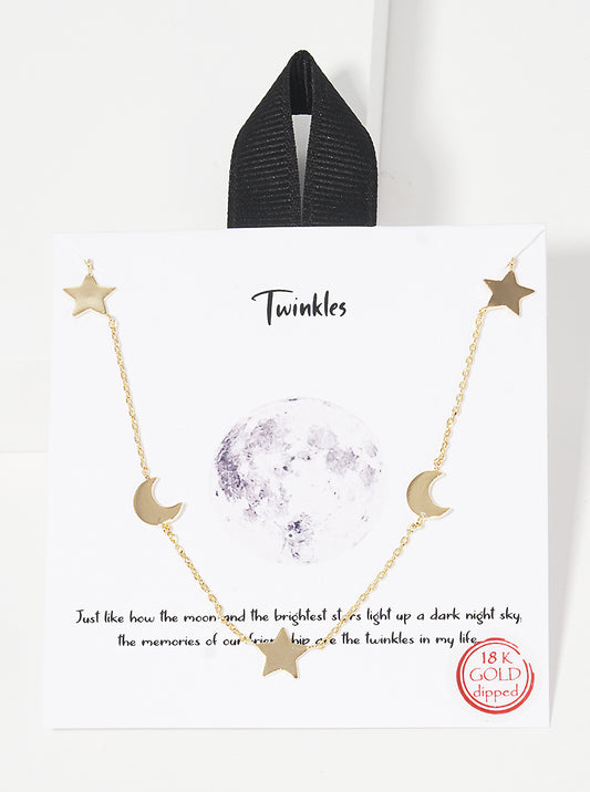 18K Gold Dipped Twinkles Moon Star Delicate Station Necklace