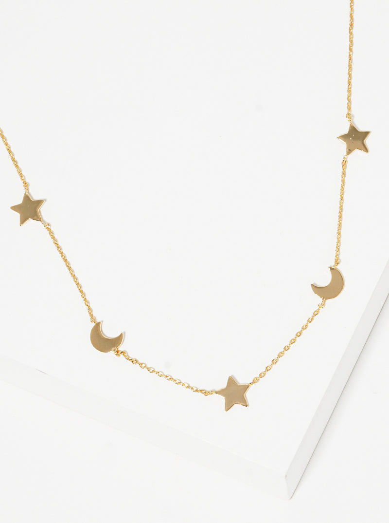 18K Gold Dipped Twinkles Moon Star Delicate Station Necklace
