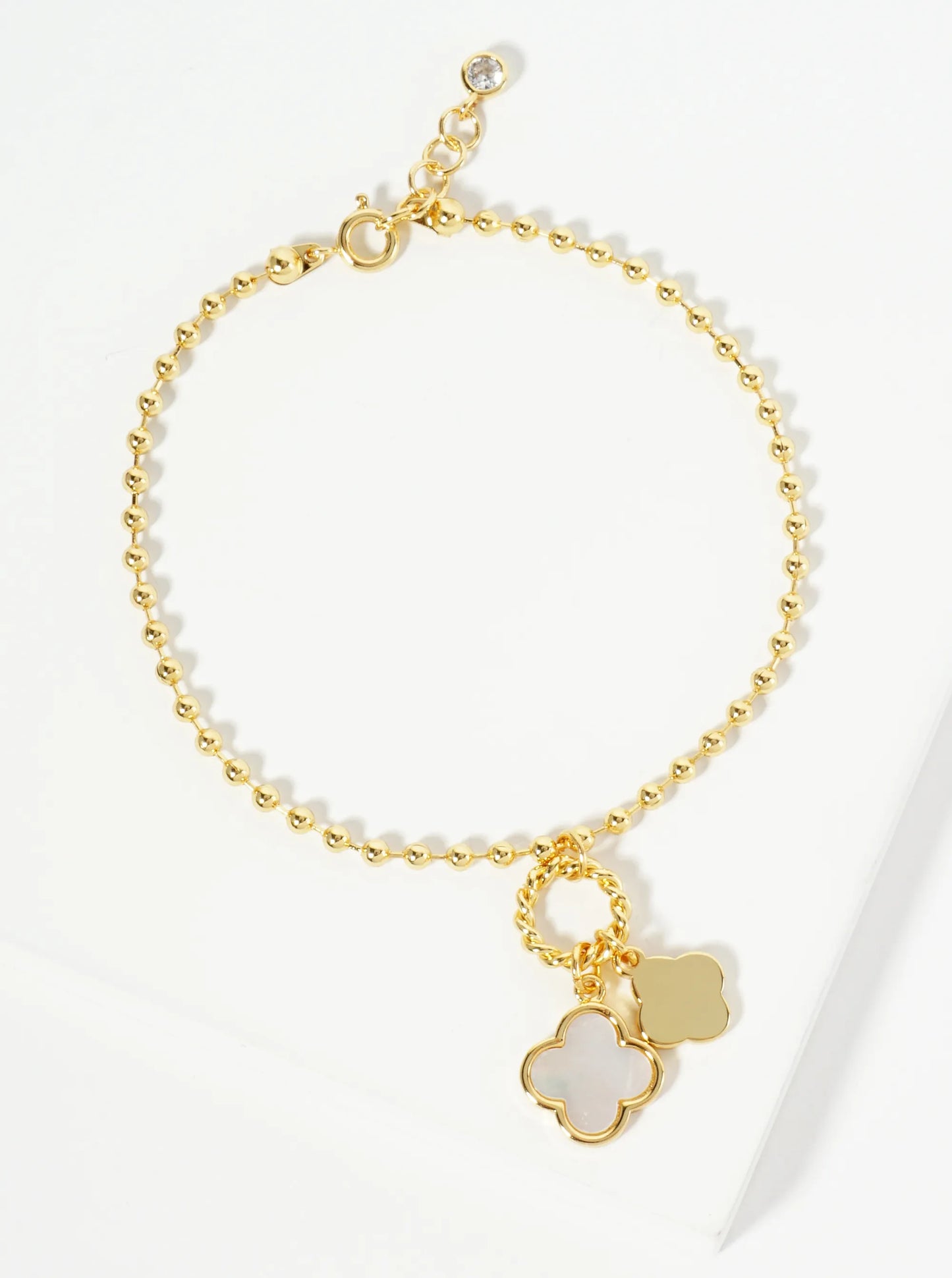 18K Gold Dipped Two Quatrefoils Charm Ball Chain Bracelet