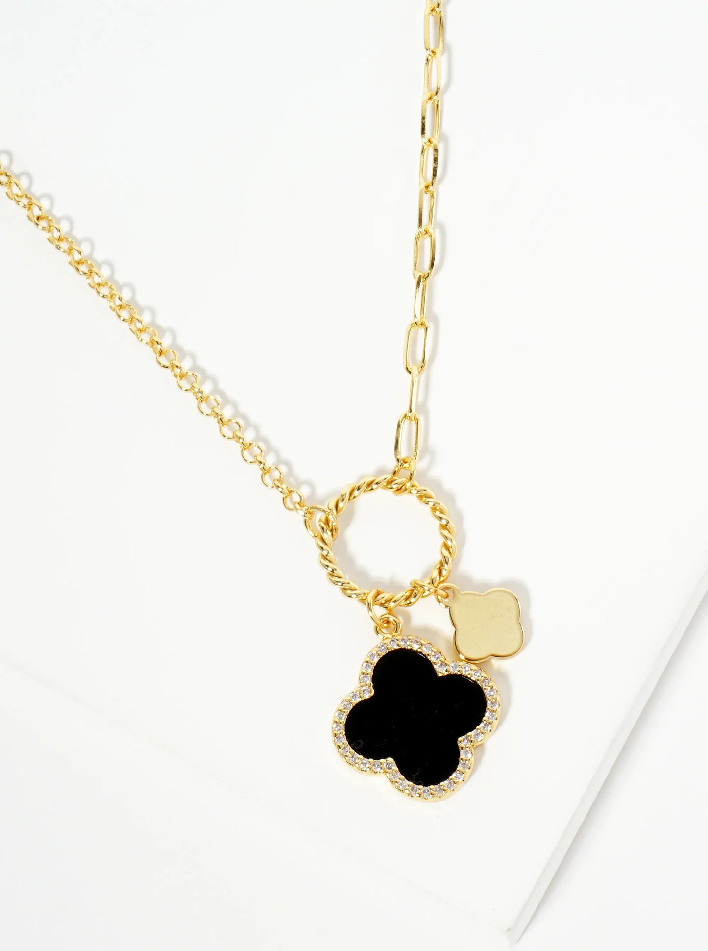 18K-Gold-Dipped Two Quatrefoils Pendant Asymmetrical Chain Necklace