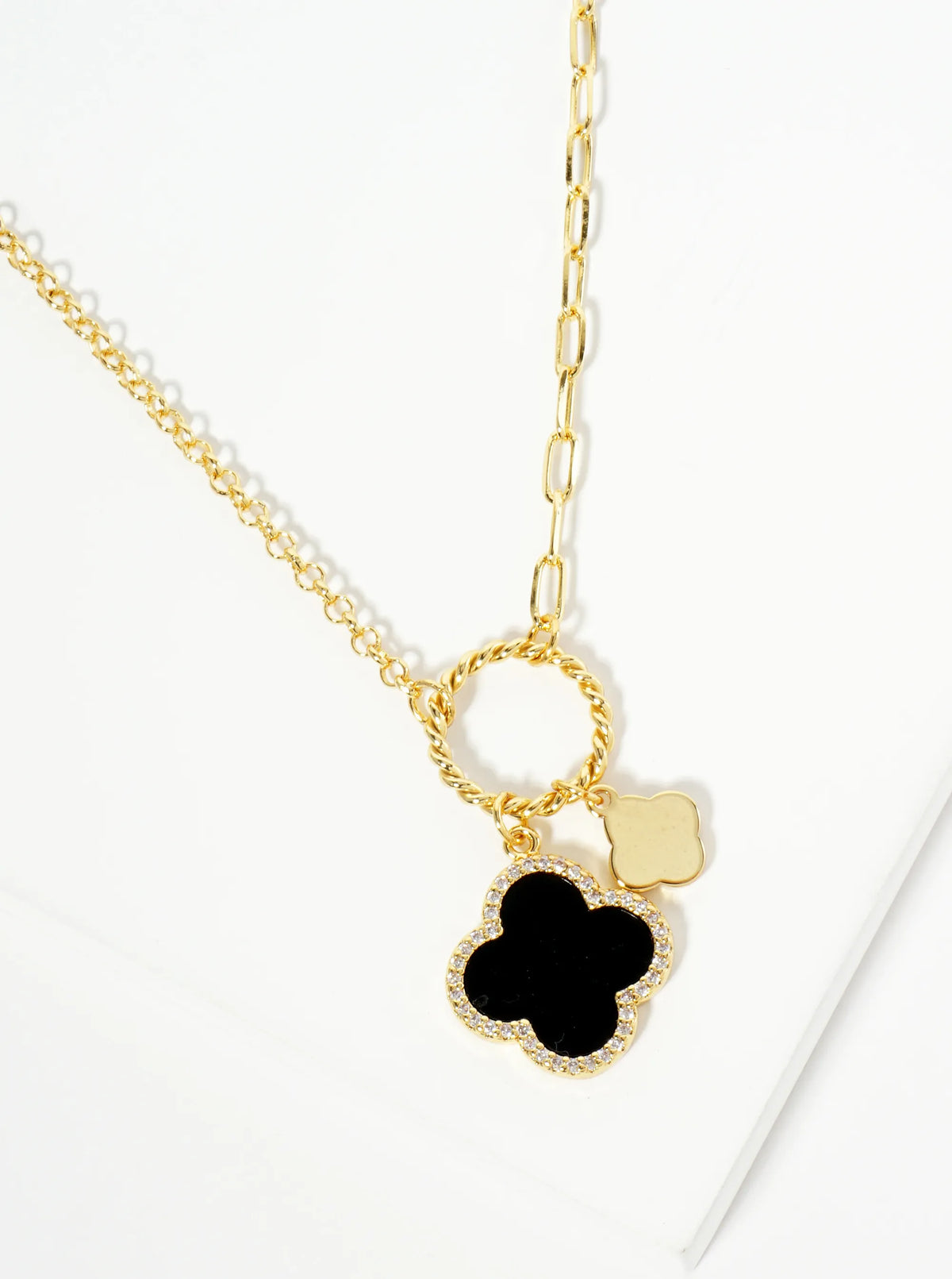 18K-Gold-Dipped Two Quatrefoils Pendant Asymmetrical Chain Necklace