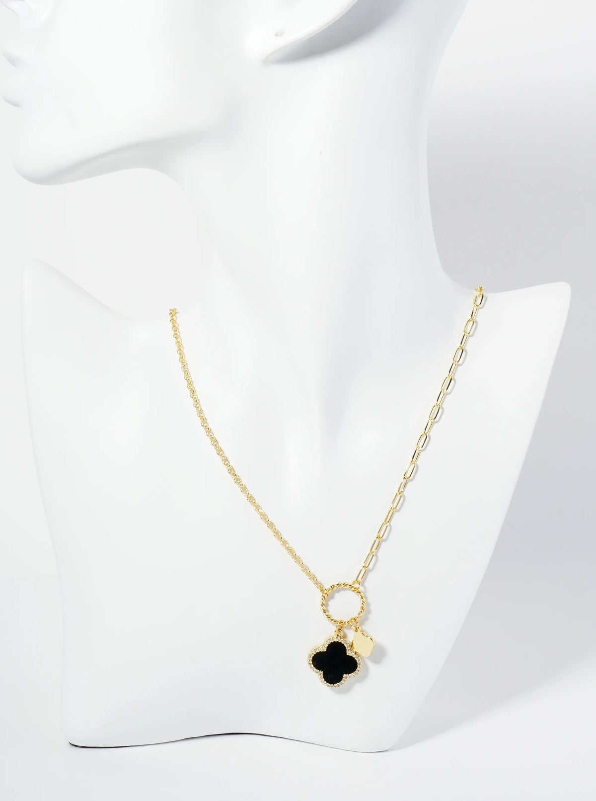 18K-Gold-Dipped Two Quatrefoils Pendant Asymmetrical Chain Necklace