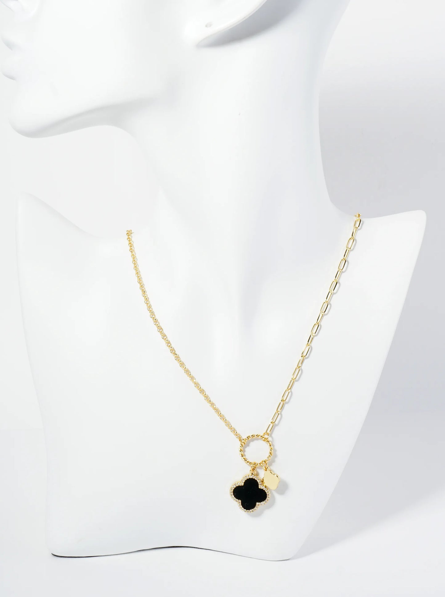 18K-Gold-Dipped Two Quatrefoils Pendant Asymmetrical Chain Necklace