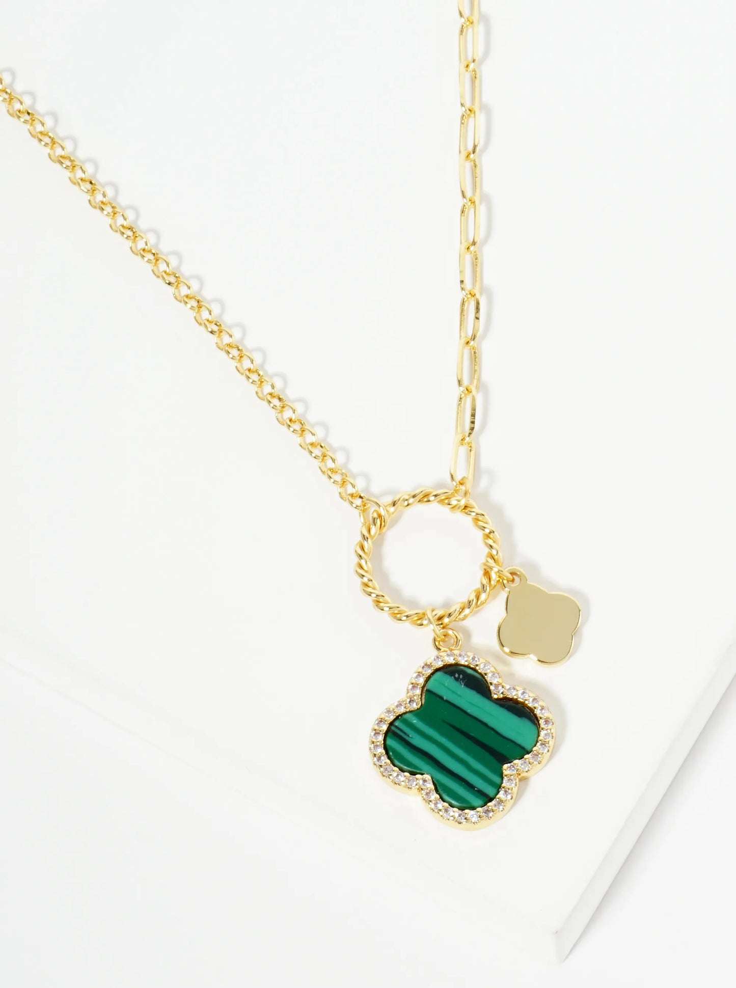 18K-Gold-Dipped Two Quatrefoils Pendant Asymmetrical Chain Necklace