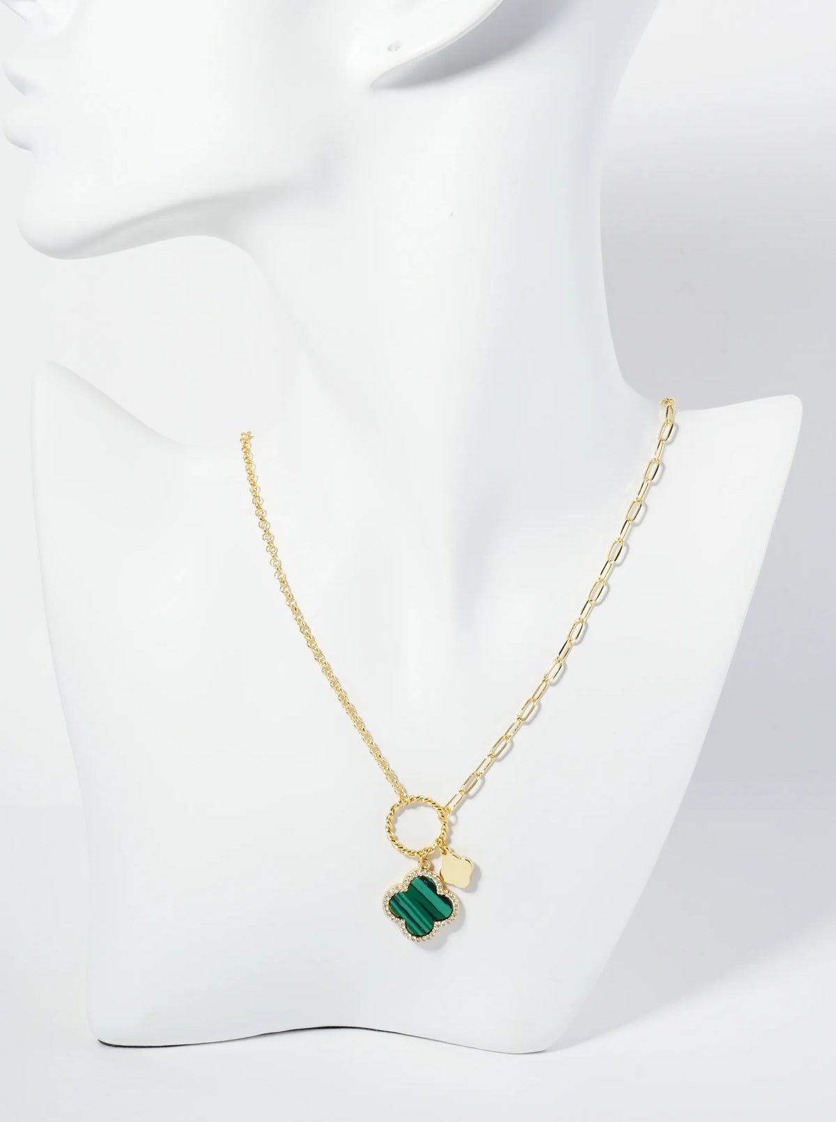 18K-Gold-Dipped Two Quatrefoils Pendant Asymmetrical Chain Necklace