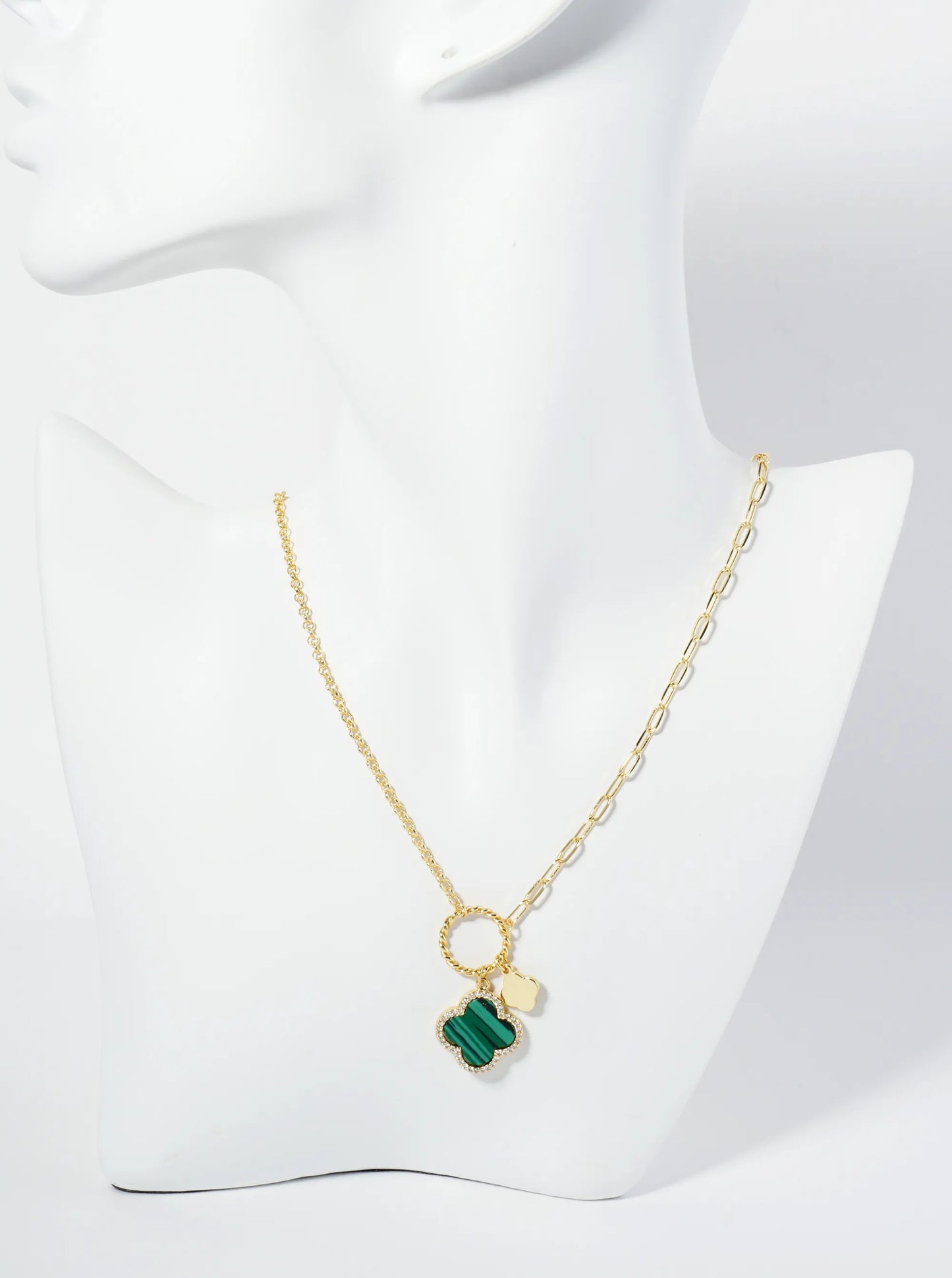 18K-Gold-Dipped Two Quatrefoils Pendant Asymmetrical Chain Necklace